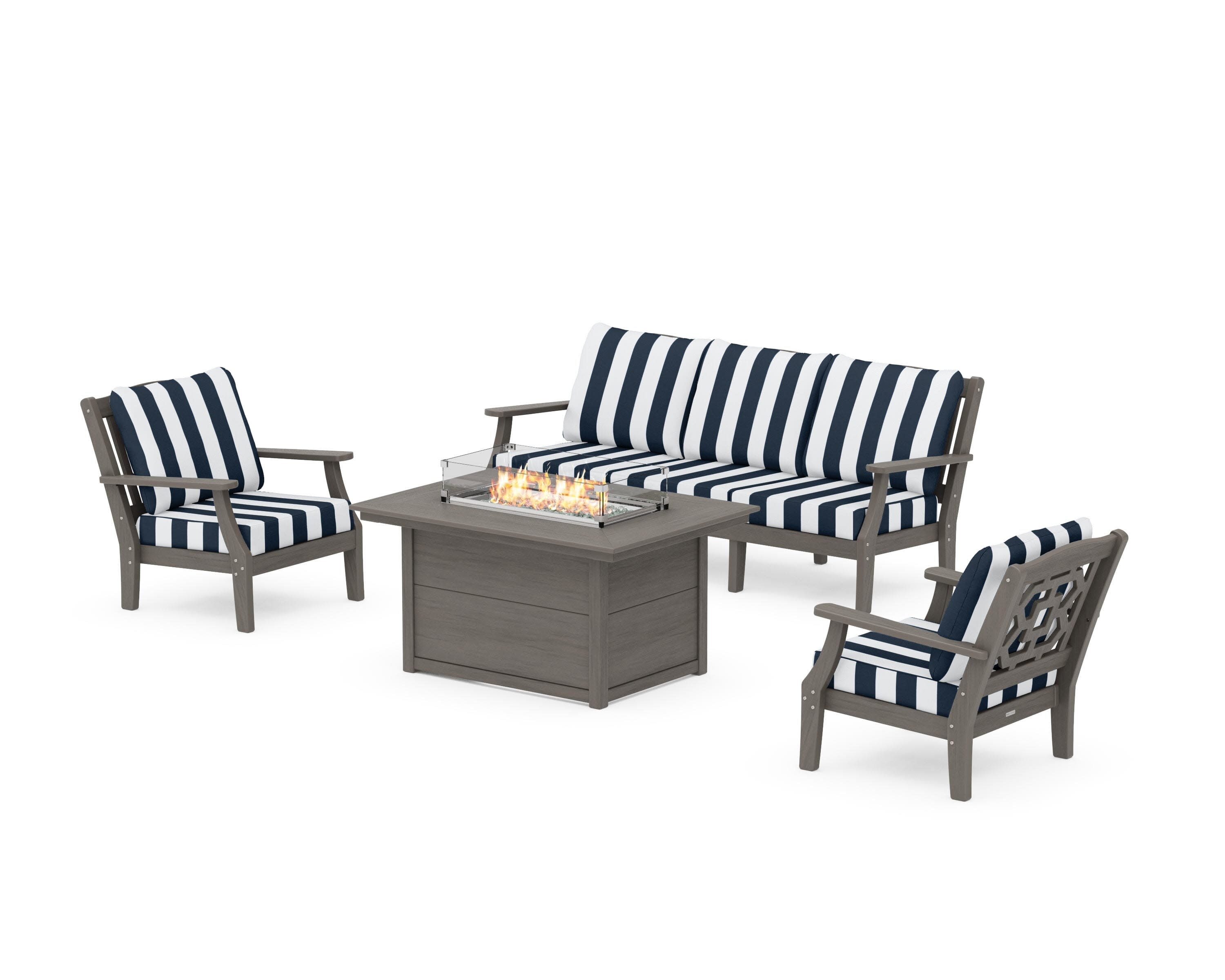 Chinoiserie Deep Seating Fire Pit Table Set in Driftwood / Cabana Stripe Marine Indigo