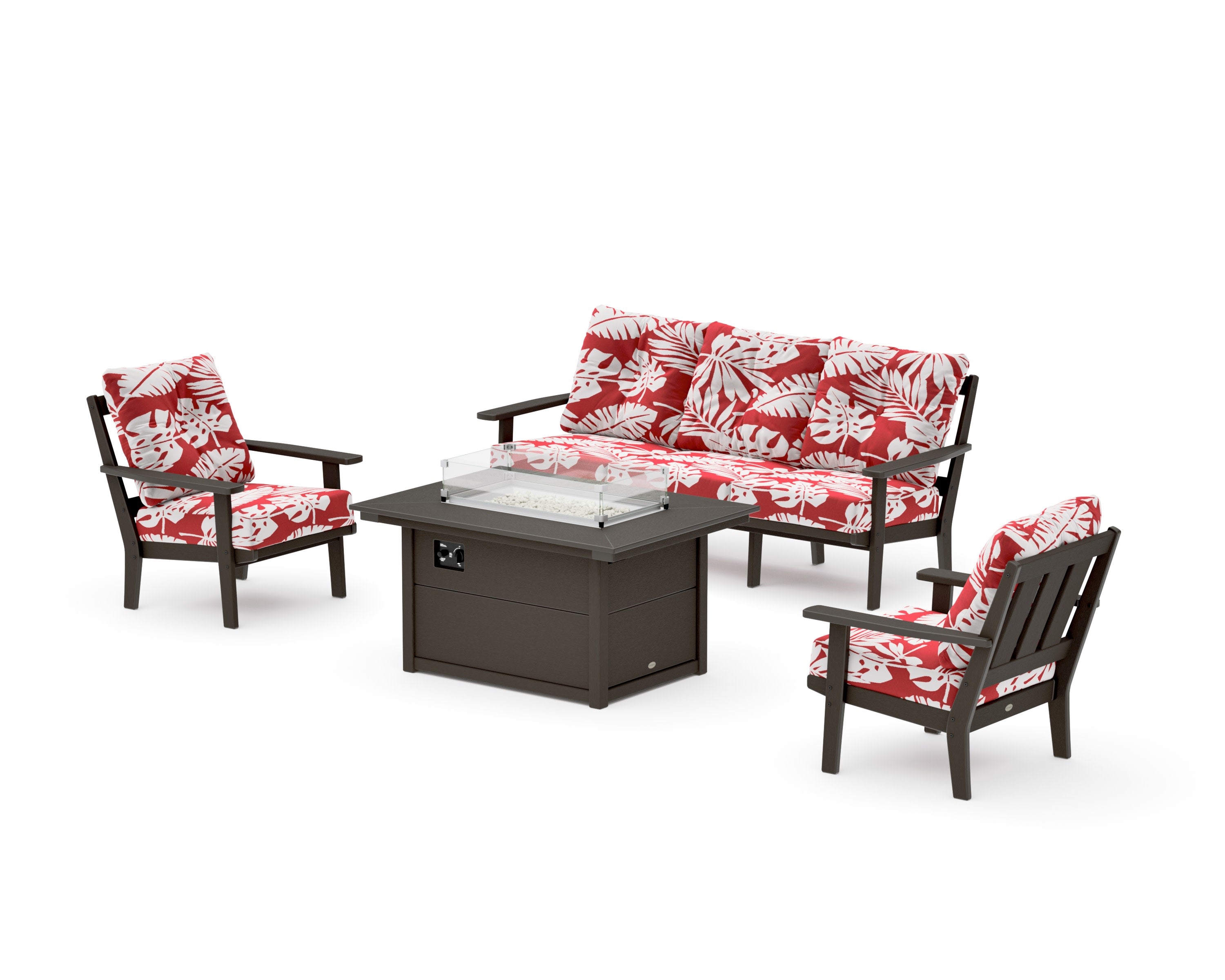 Oxford Deep Seating Fire Pit Table Set in Vintage Coffee / Leaf Crimson