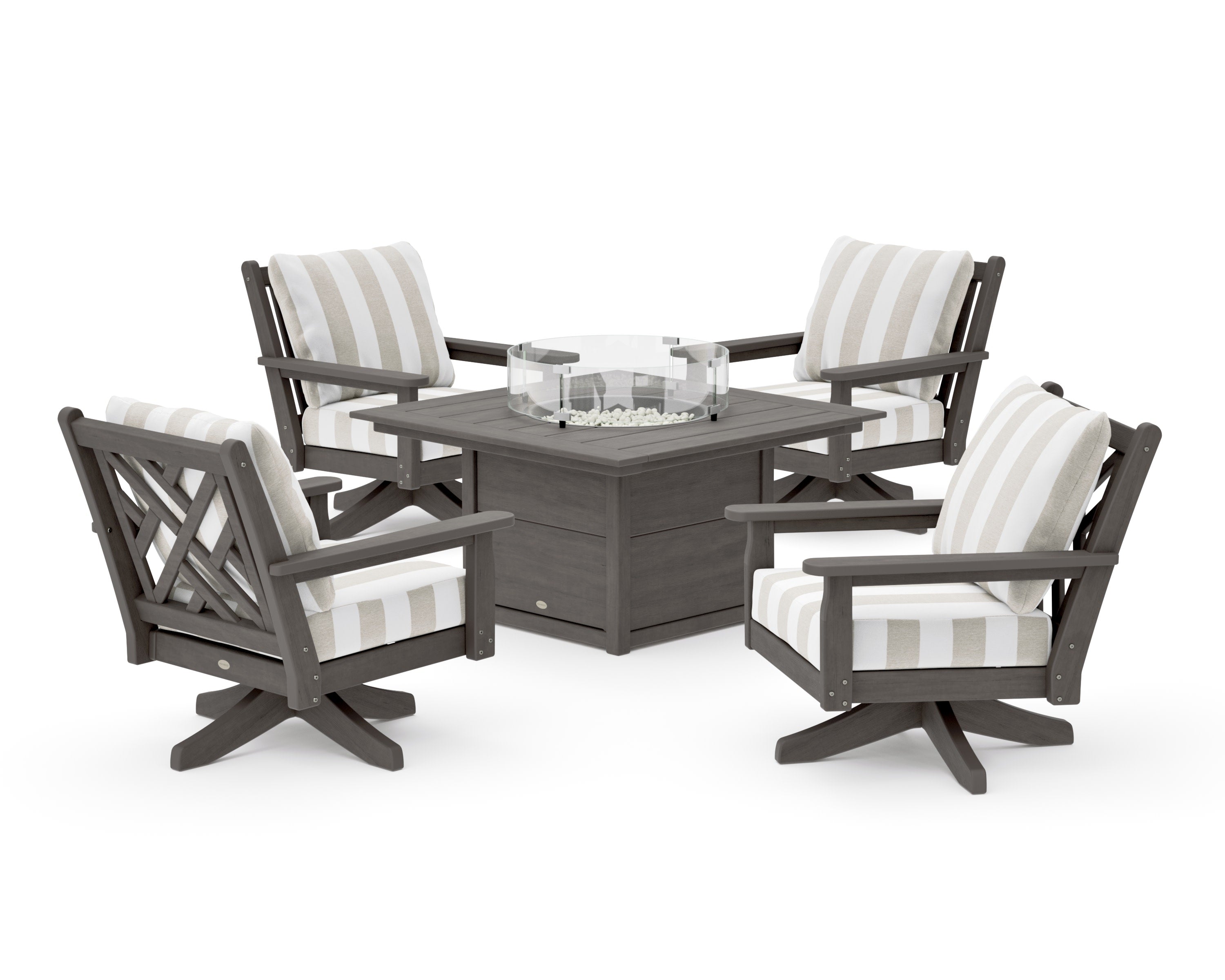 Chippendale 5-Piece Deep Seating Swivel Conversation Set with Fire Pit Table in Driftwood / Cabana Stripe Dune Burlap