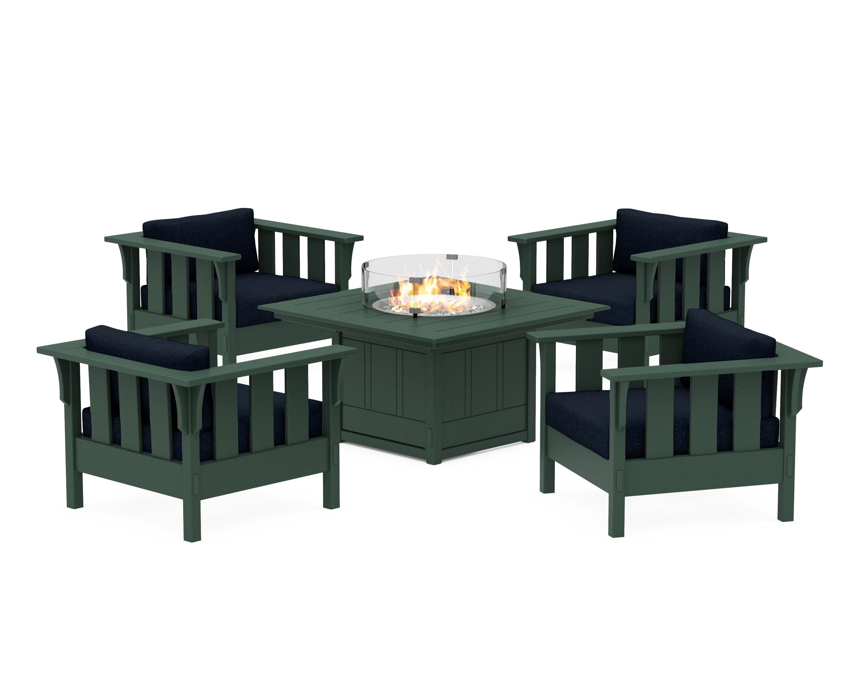 Acadia 5-Piece Deep Seating Set with Fire Pit Table in Green / Marine Indigo