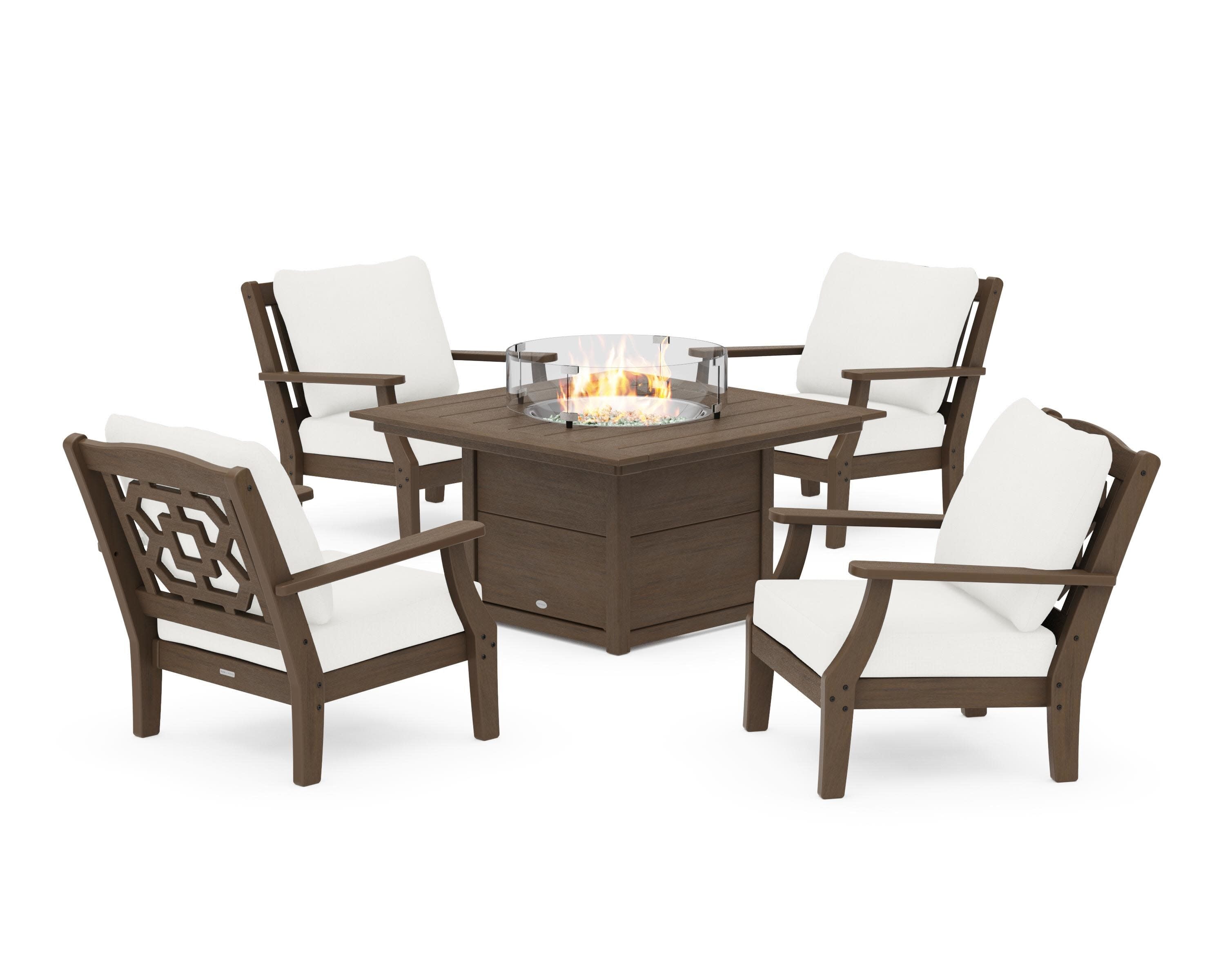 Chinoiserie 5-Piece Deep Seating Set with Fire Pit Table in Kona / Natural Linen