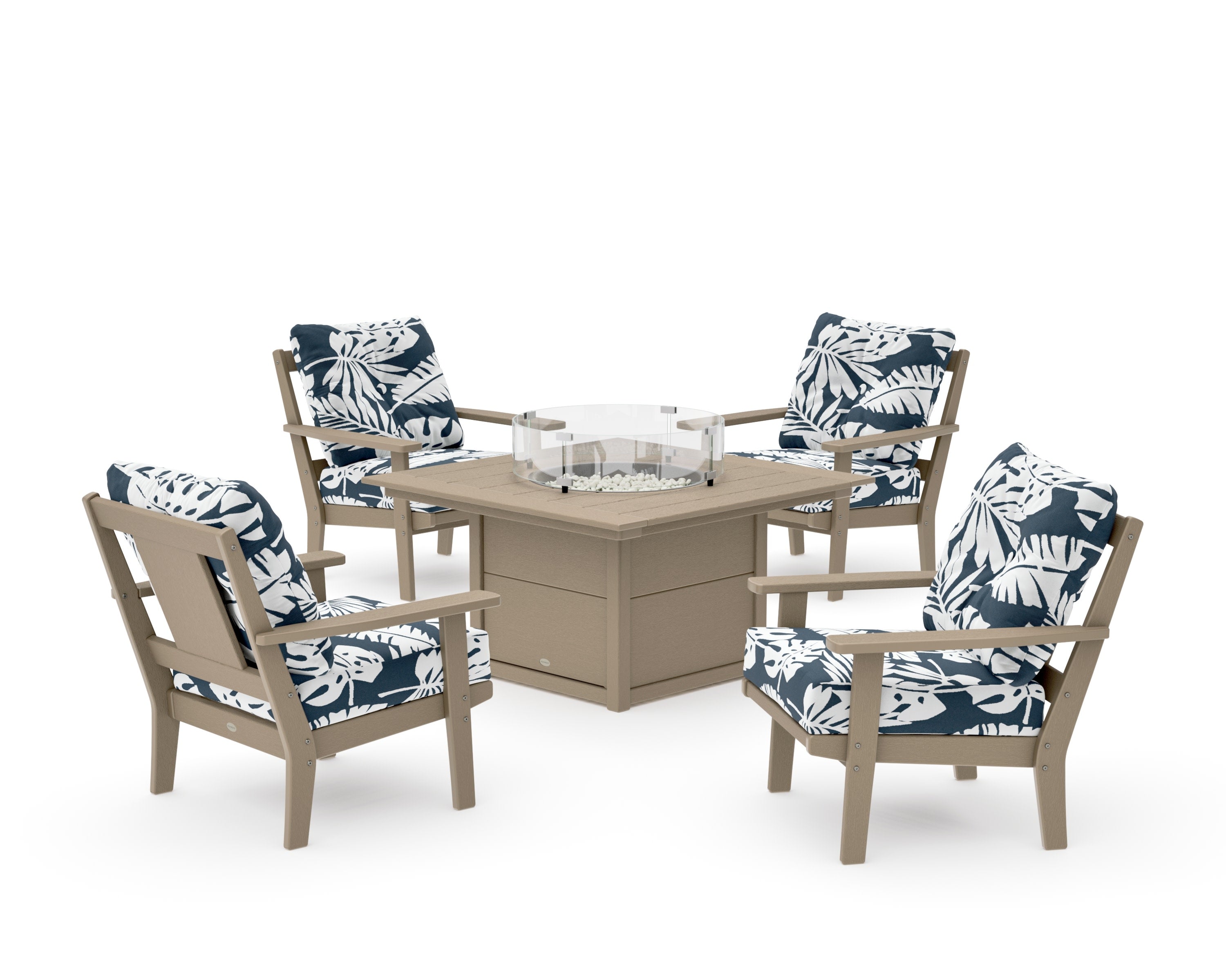 Prairie 5-Piece Deep Seating Set with Fire Pit Table in Vintage Sahara / Leaf Marine Indigo