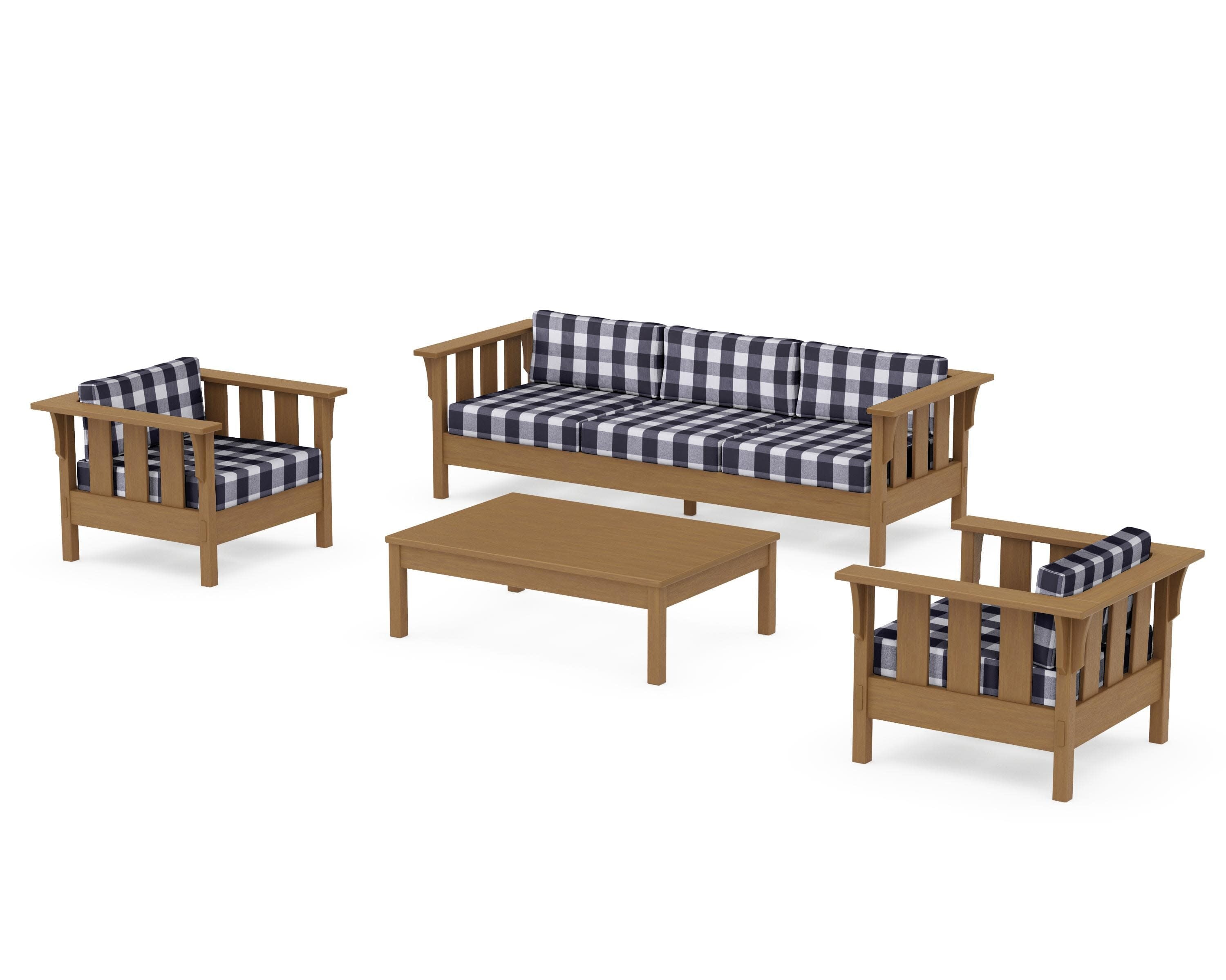 Acadia 4-Piece Deep Seating Set with Sofa in Natural / Buffalo Plaid Navy
