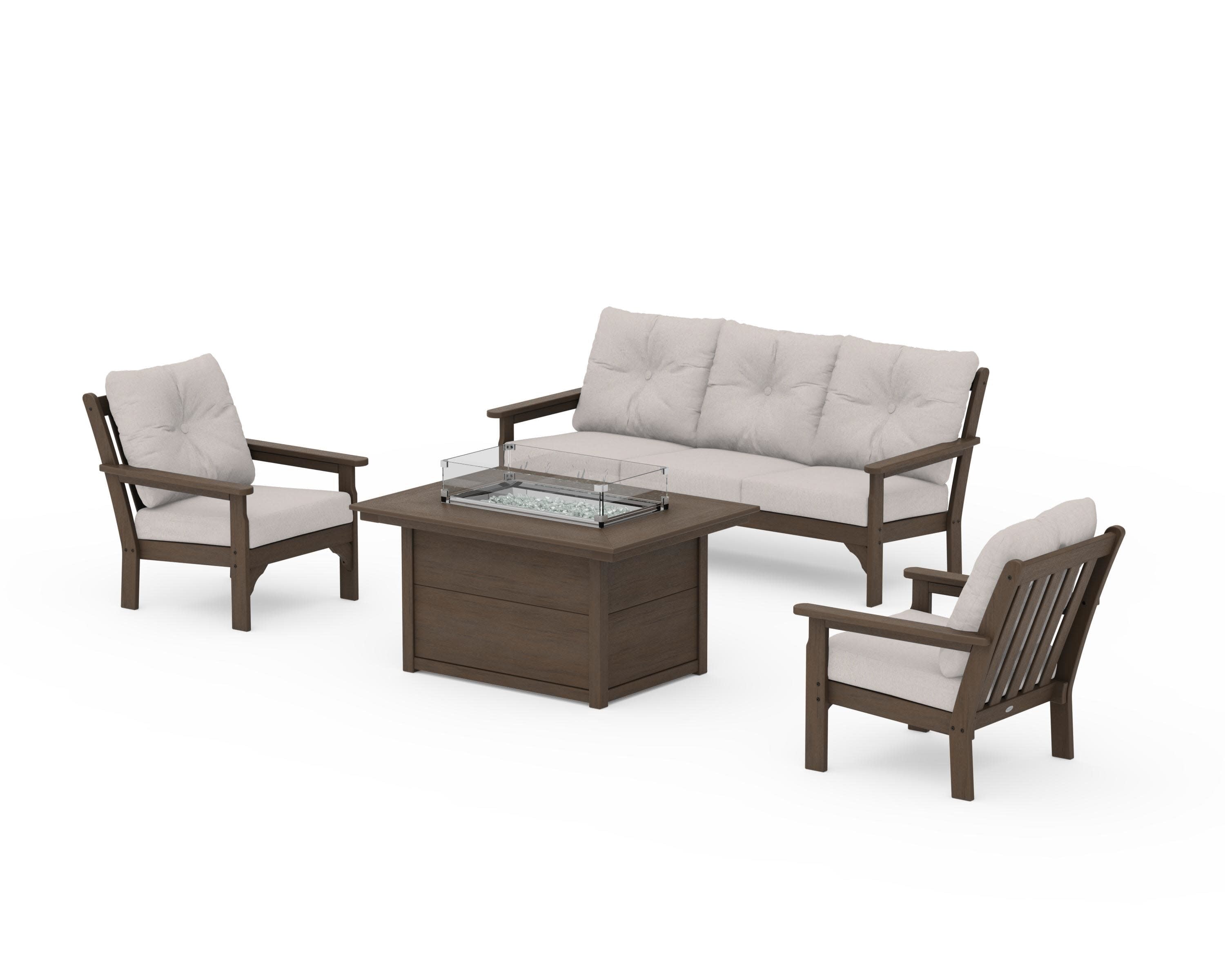 Vineyard Deep Seating Fire Pit Table Set in Kona / Dune Burlap