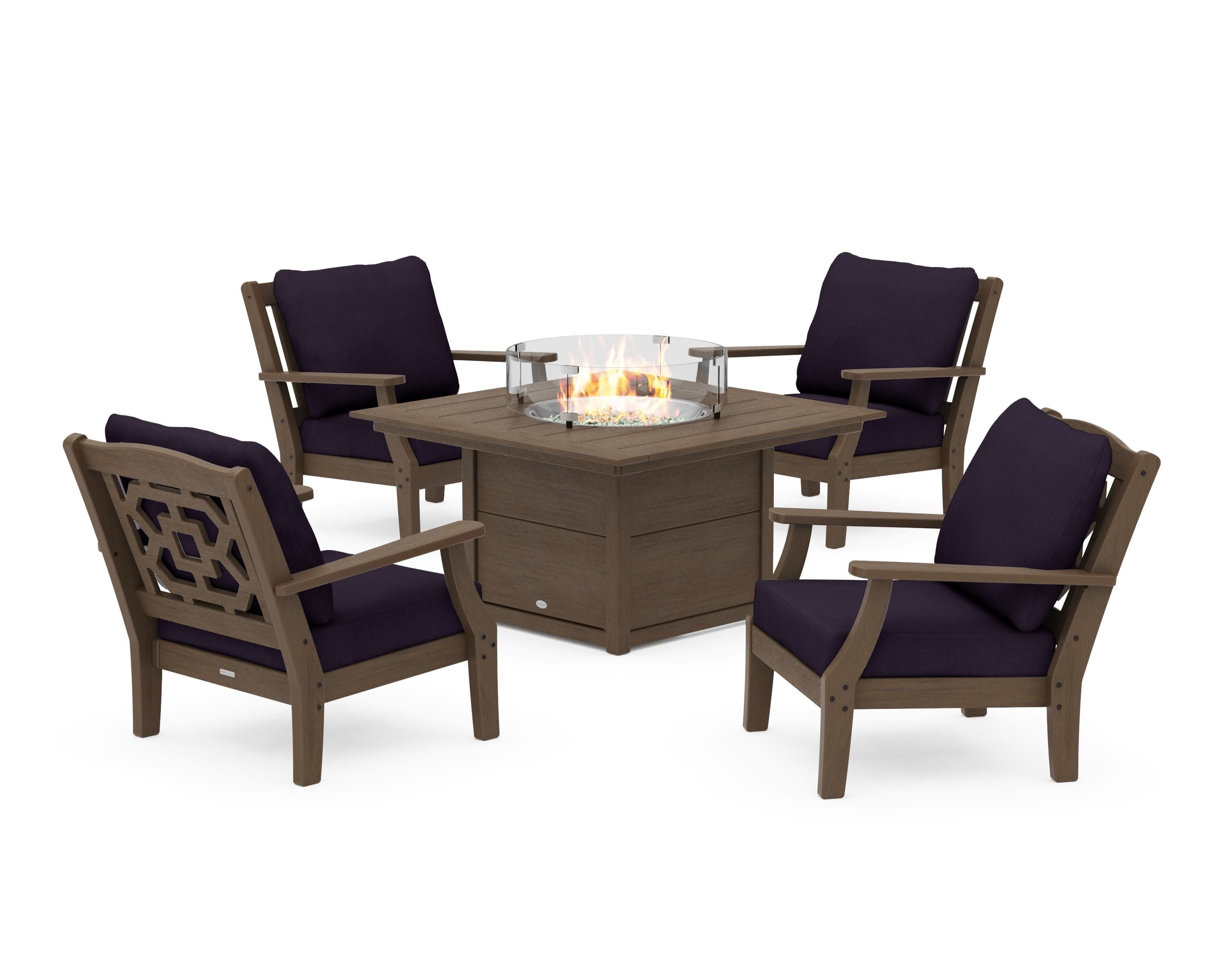 Chinoiserie 5-Piece Deep Seating Set with Fire Pit Table in Kona / Navy Linen