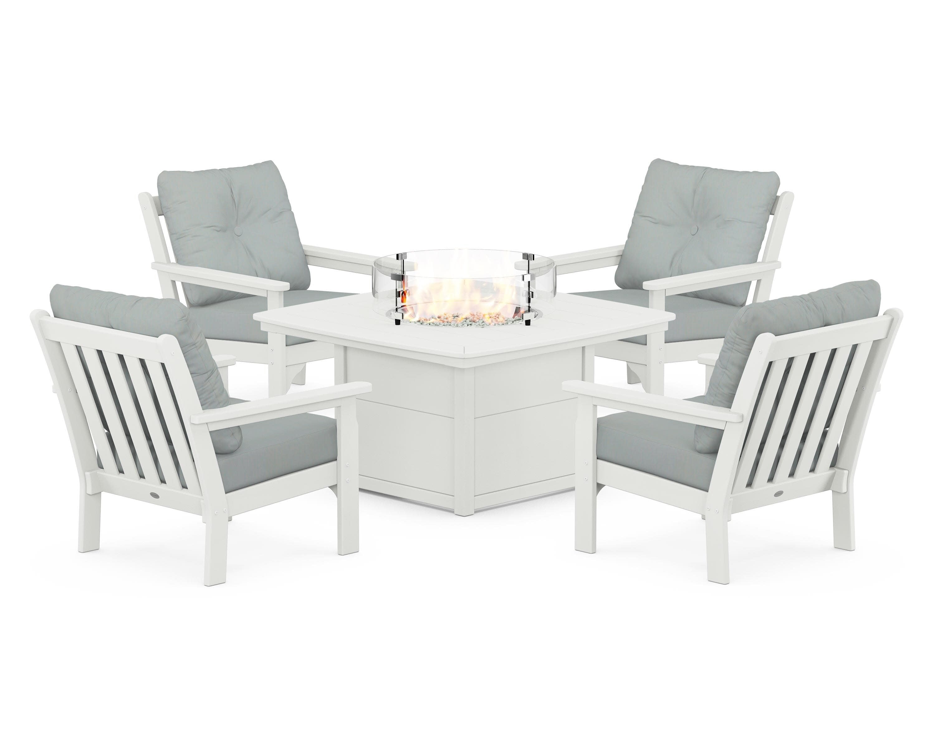 Vineyard 5-Piece Conversation Set with Fire Pit Table in Vintage White / Spa