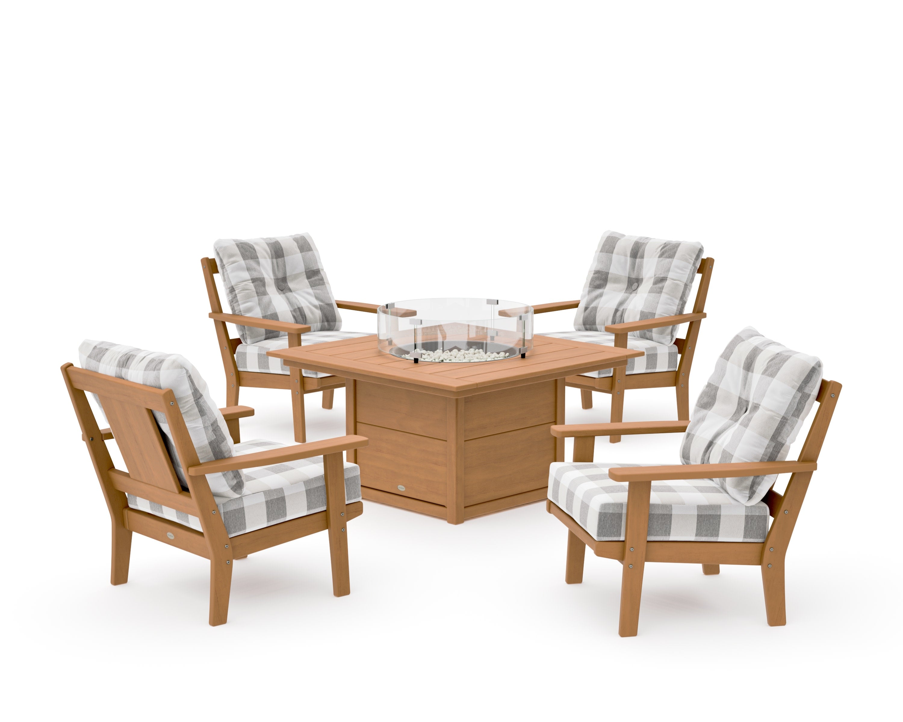 Prairie 5-Piece Deep Seating Set with Fire Pit Table in Natural / Buffalo Plaid Grey Mist