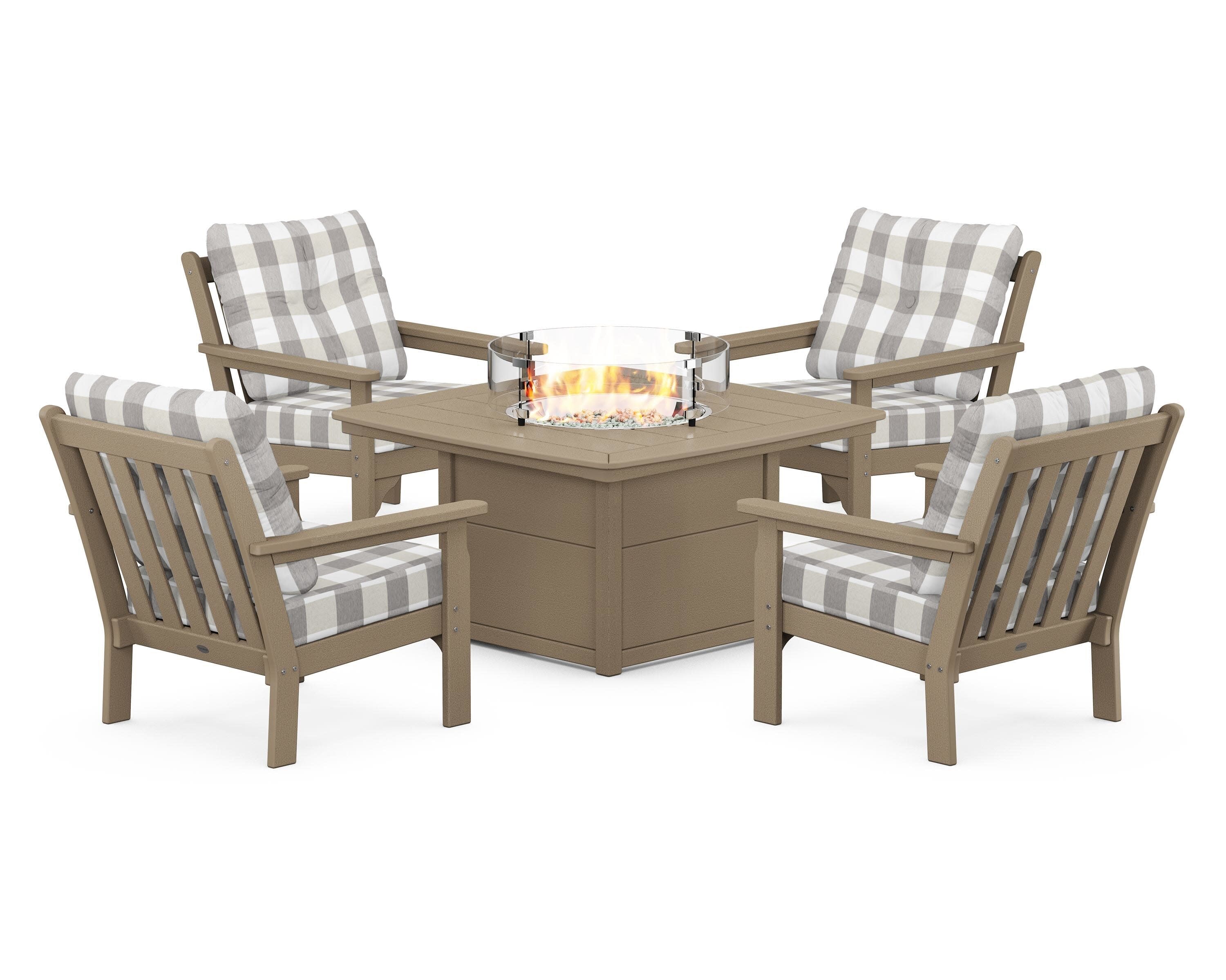 Vineyard 5-Piece Conversation Set with Fire Pit Table in Vintage Sahara / Buffalo Plaid Grey Mist