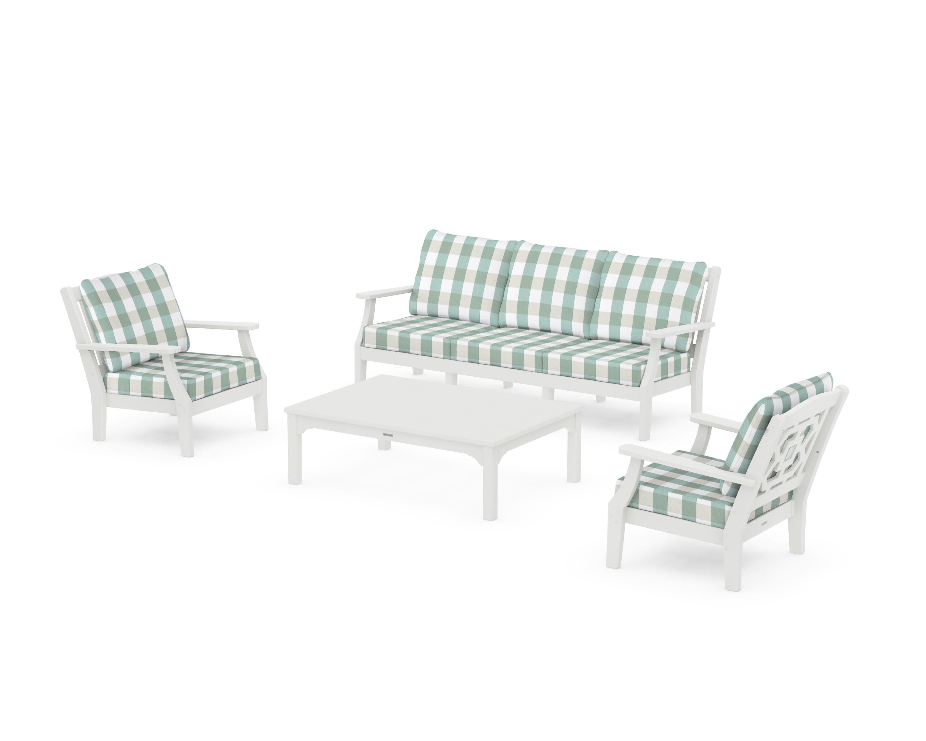 Chinoiserie 4-Piece Deep Seating Set with Sofa in Vintage White / Buffalo Plaid Glacier Spa