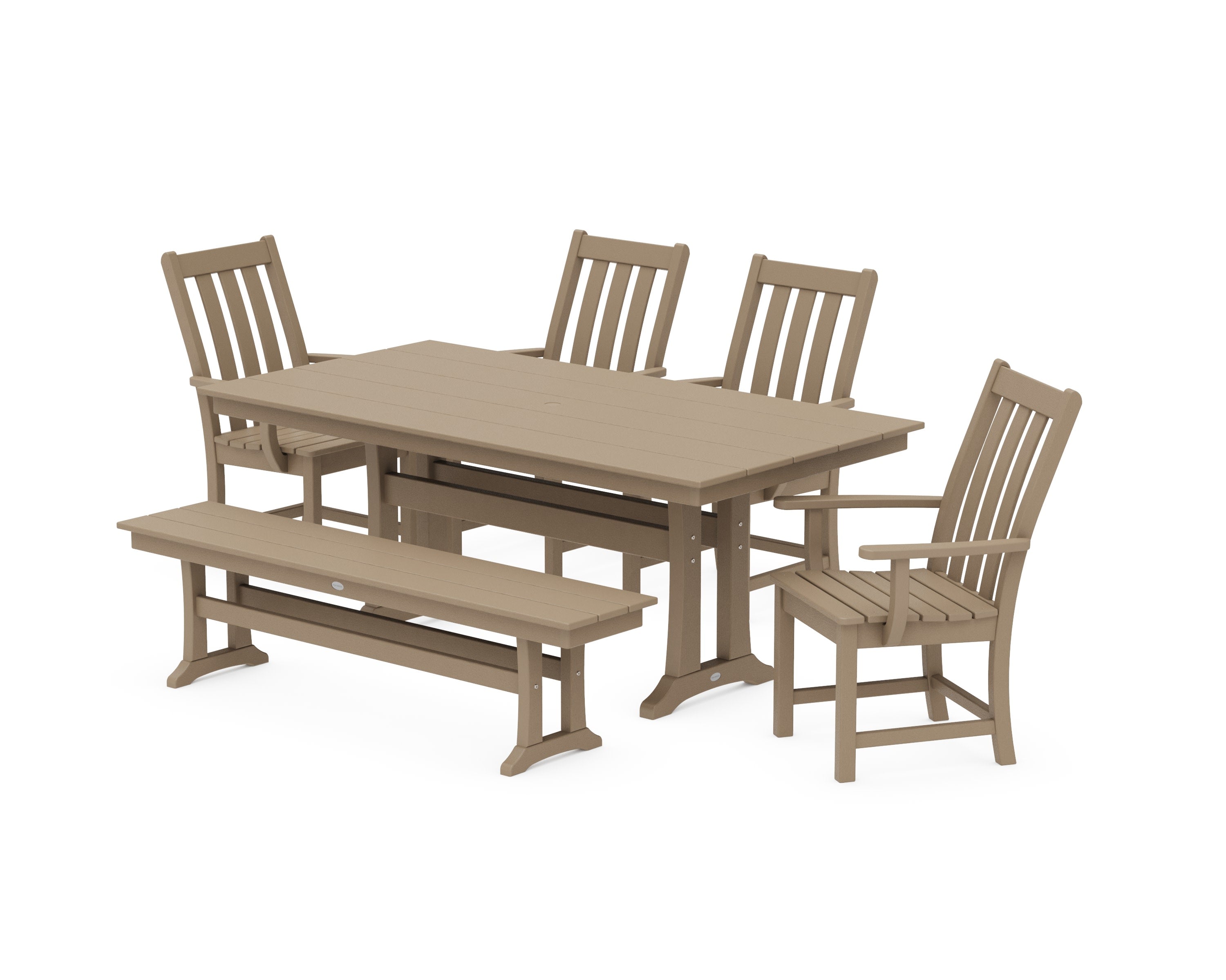 Vineyard 6-Piece Arm Chair Farmhouse Dining Set with Trestle Legs and Bench in Vintage Sahara