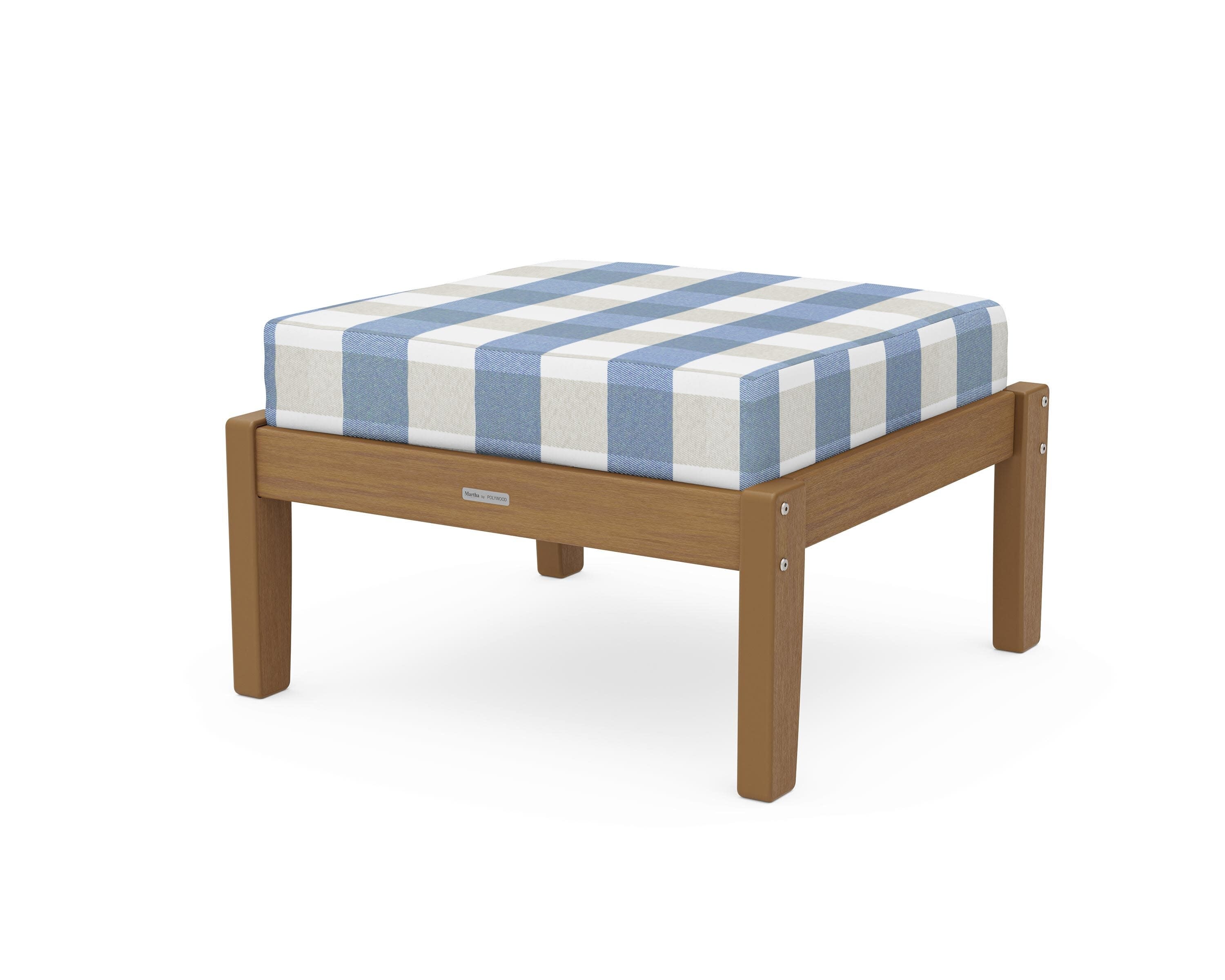 Chinoiserie Deep Seating Ottoman in Natural / Buffalo Plaid Sky Blue