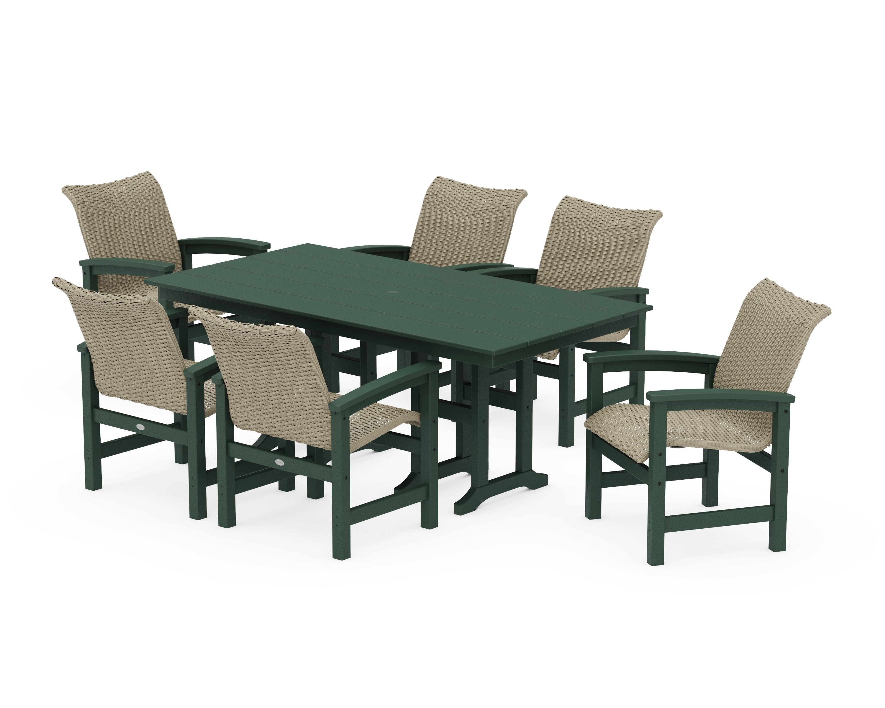 Coastal Woven Arm Chair 7-Piece Farmhouse Dining Set in Green / Dune Grass