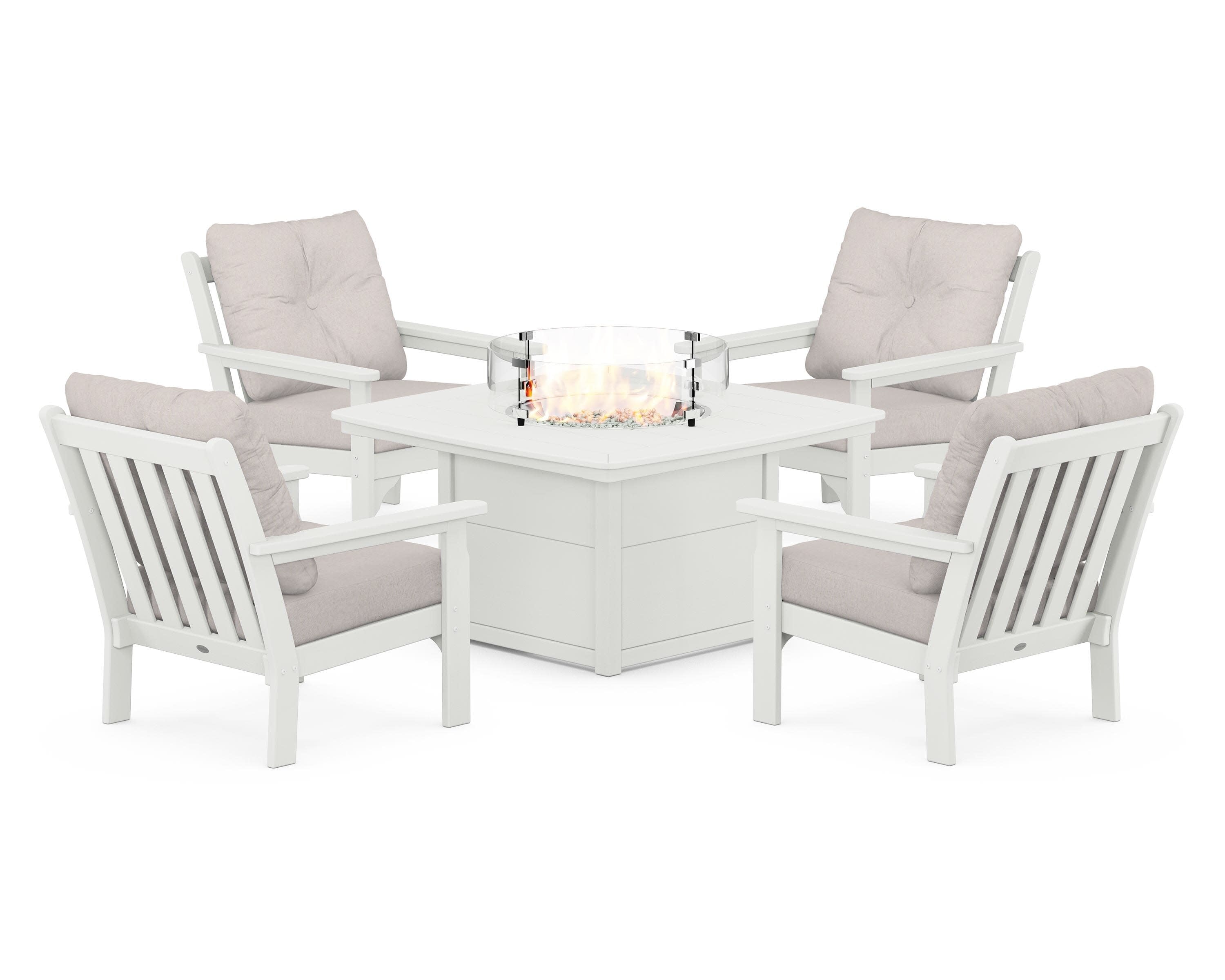 Vineyard 5-Piece Conversation Set with Fire Pit Table in Vintage White / Dune Burlap