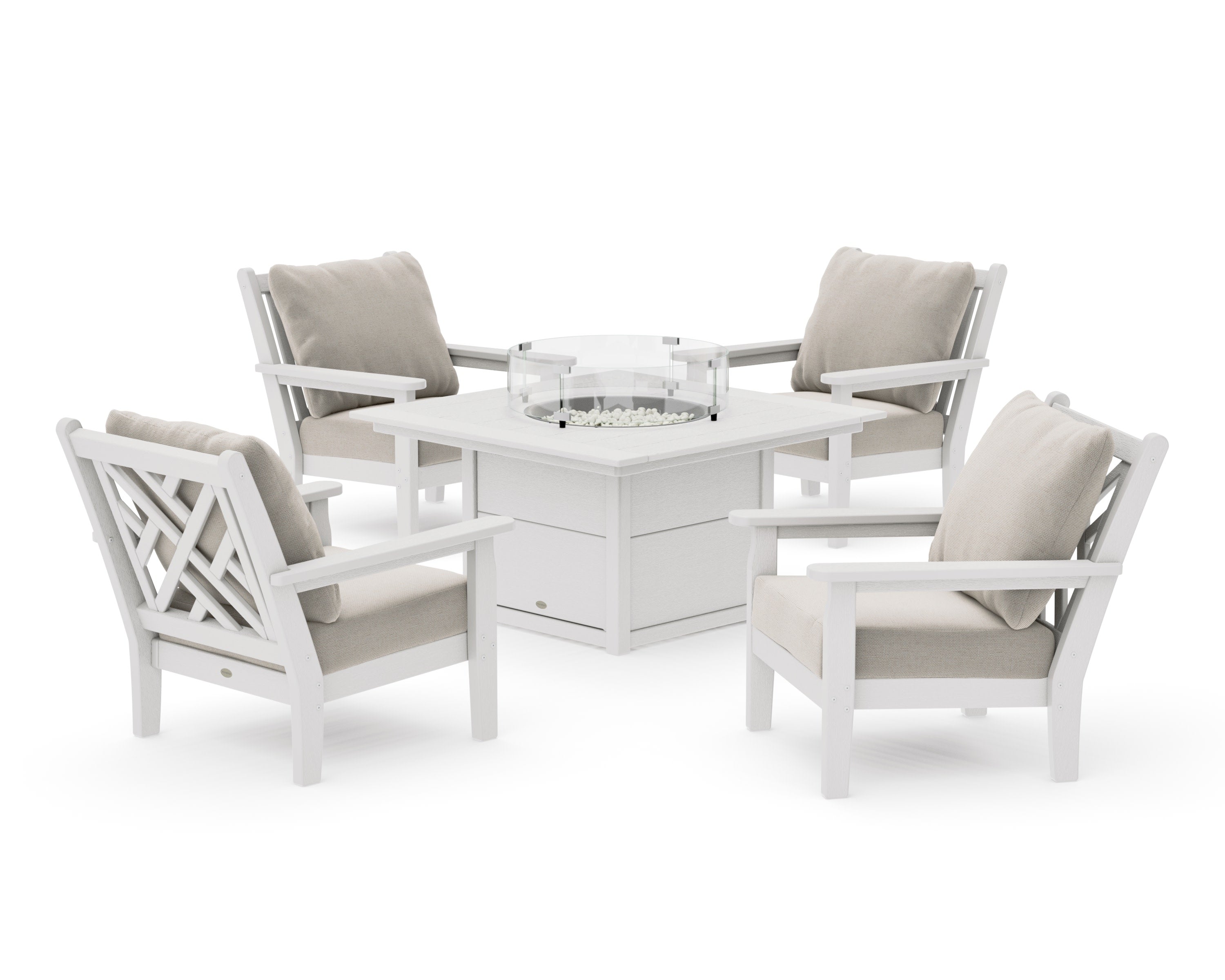 Chippendale 5-Piece Deep Seating Set with Fire Pit Table in Vintage White / Dune Burlap