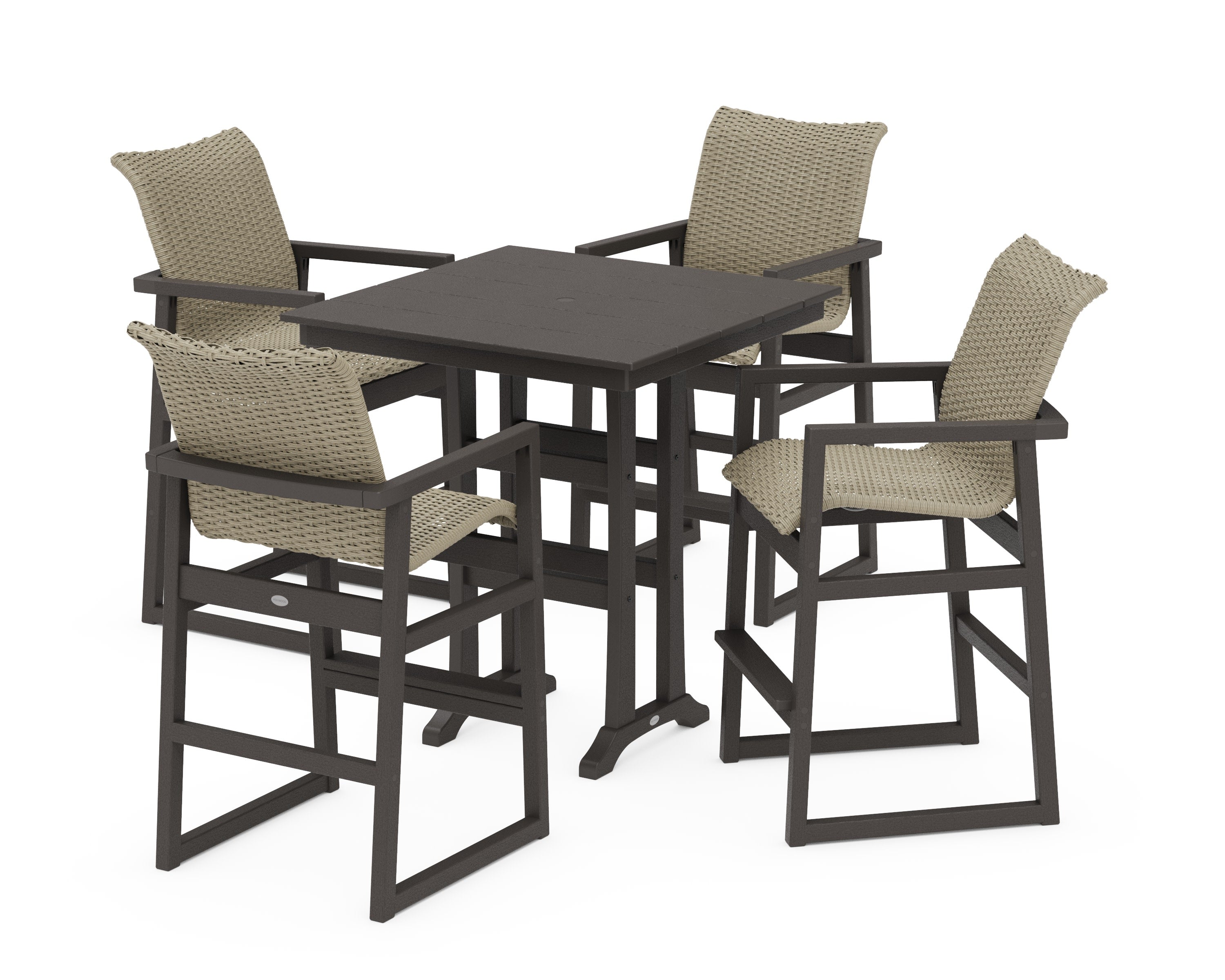 EDGE Woven 5-Piece Farmhouse Bar Set with Trestle Legs in Vintage Coffee / Dune Grass