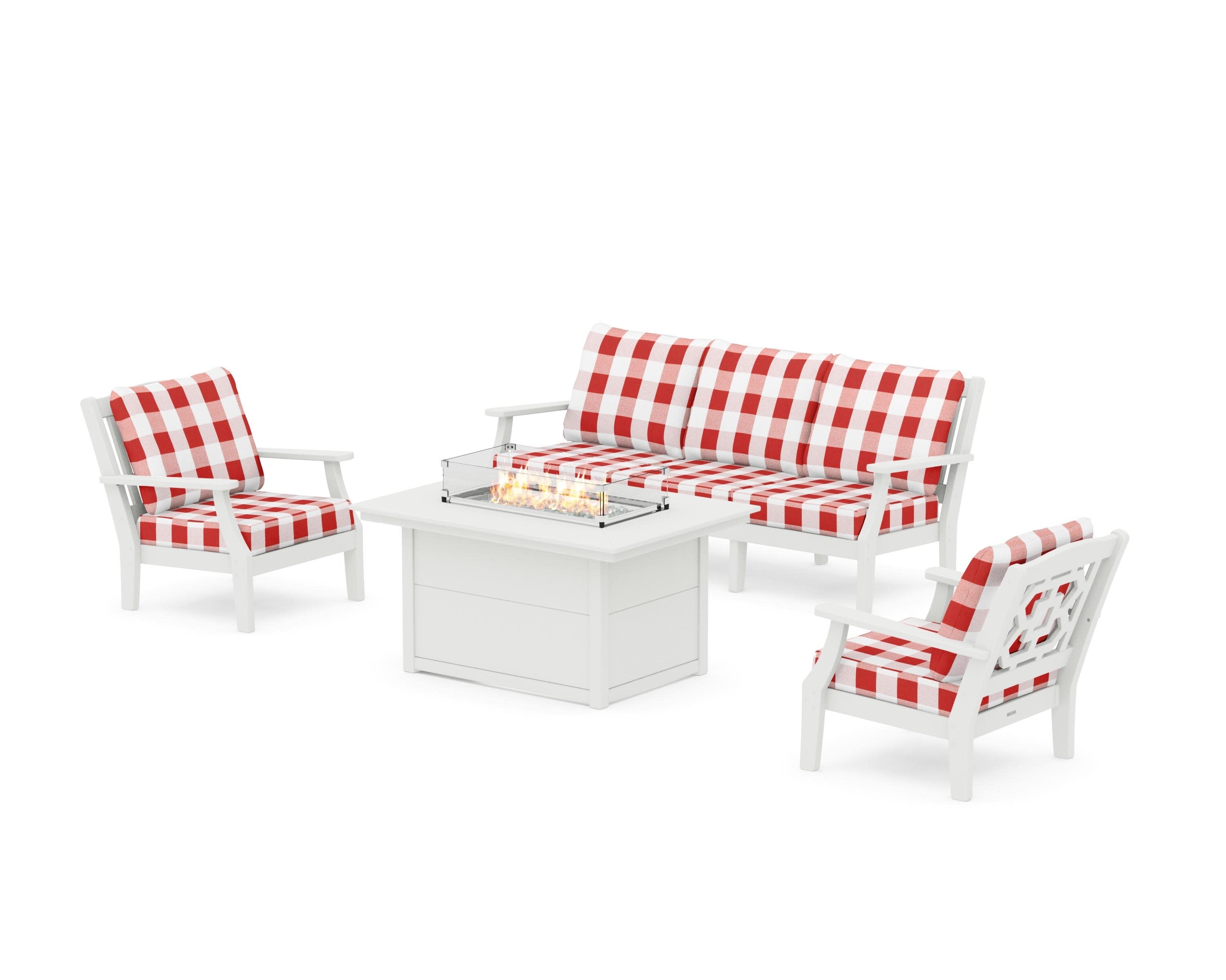 Chinoiserie Deep Seating Fire Pit Table Set in Vintage White / Buffalo Plaid Crimson