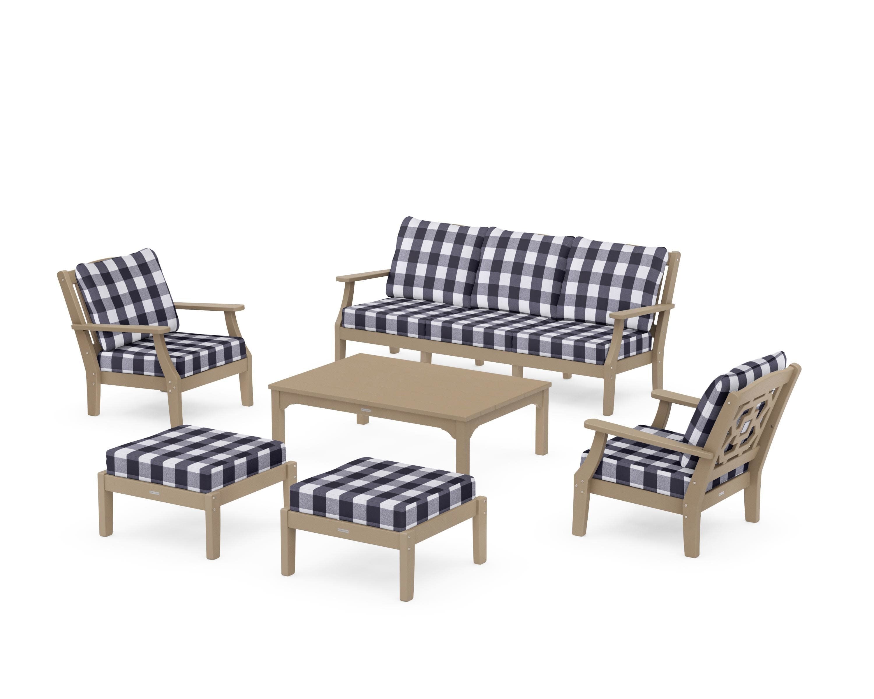 Chinoiserie 6-Piece Lounge Sofa Set in Vintage Sahara / Buffalo Plaid Navy