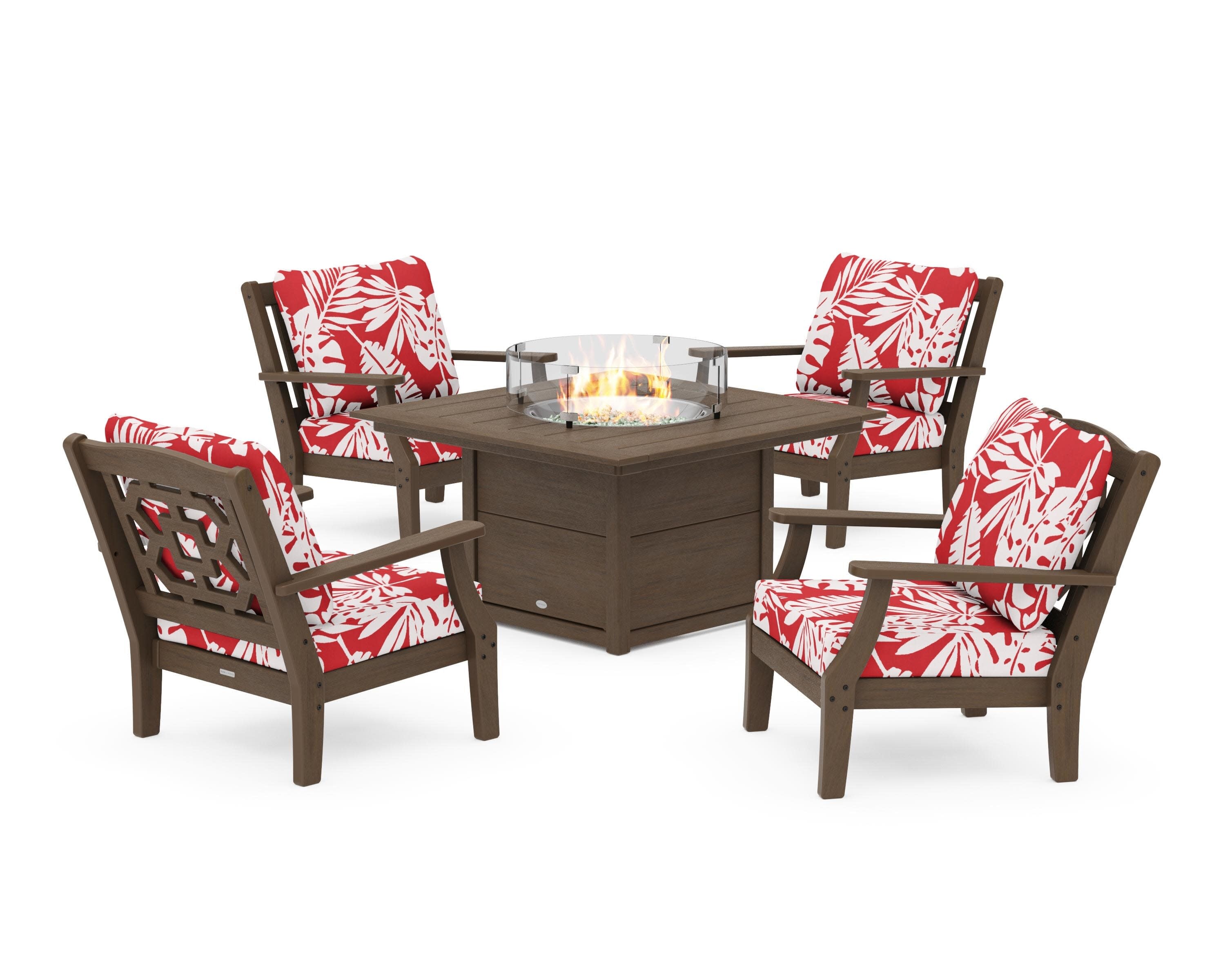 Chinoiserie 5-Piece Deep Seating Set with Fire Pit Table in Kona / Leaf Crimson