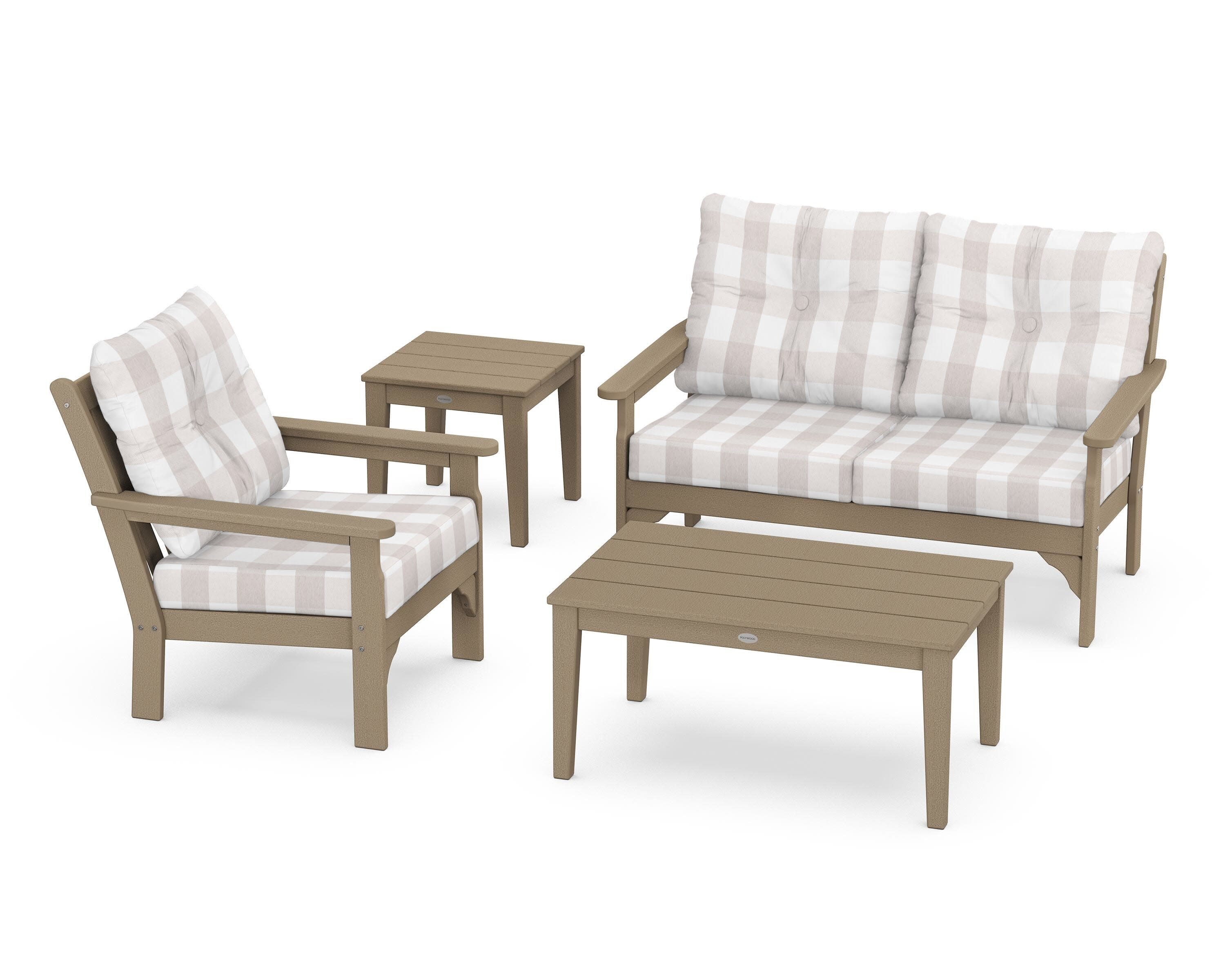 Vineyard 4-Piece Deep Seating Set in Vintage Sahara / Buffalo Plaid Dune Burlap