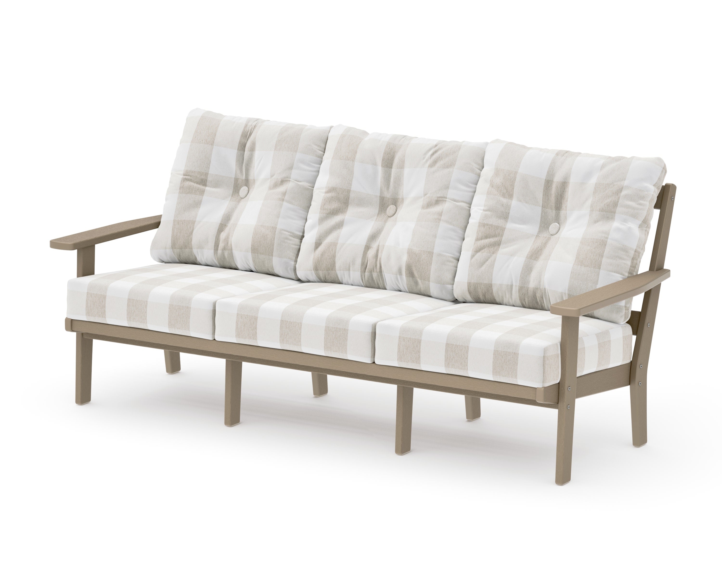PrairieDeep Seating Sofa in Vintage Sahara / Buffalo Plaid Dune Burlap