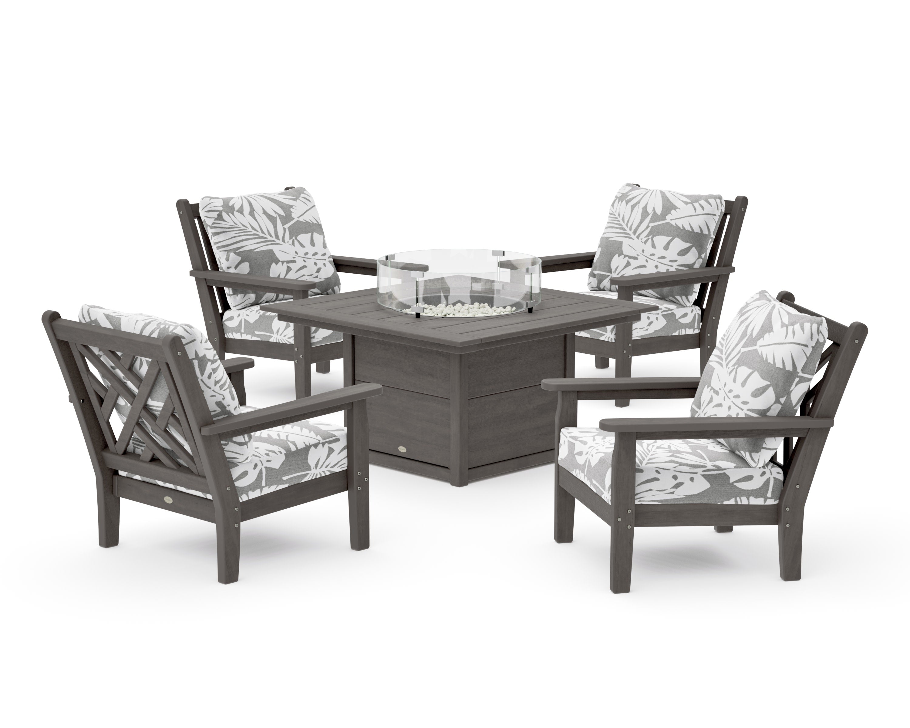 Chippendale 5-Piece Deep Seating Set with Fire Pit Table in Driftwood / Leaf Grey Mist