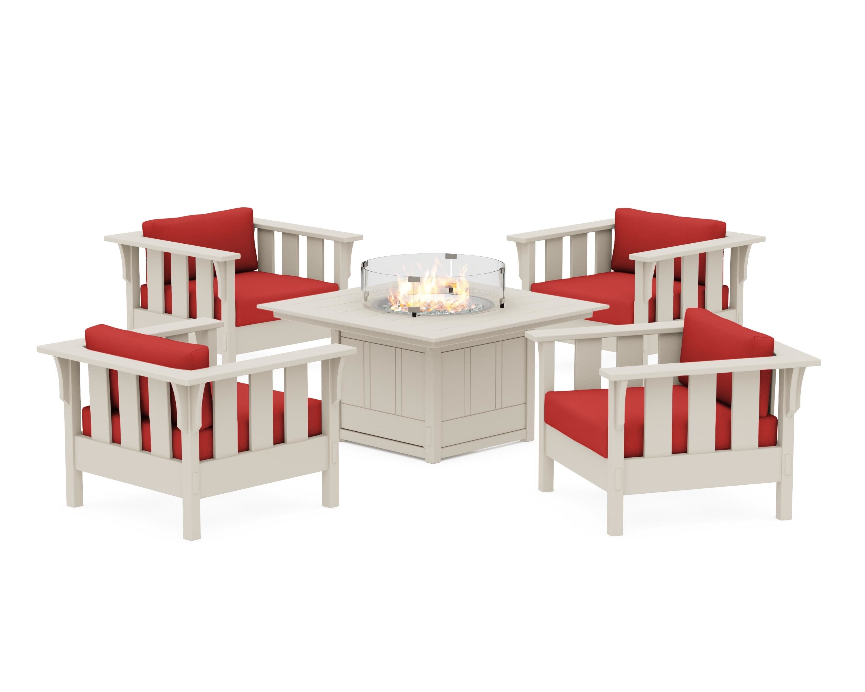 Acadia 5-Piece Deep Seating Set with Fire Pit Table in Sand / Crimson Linen