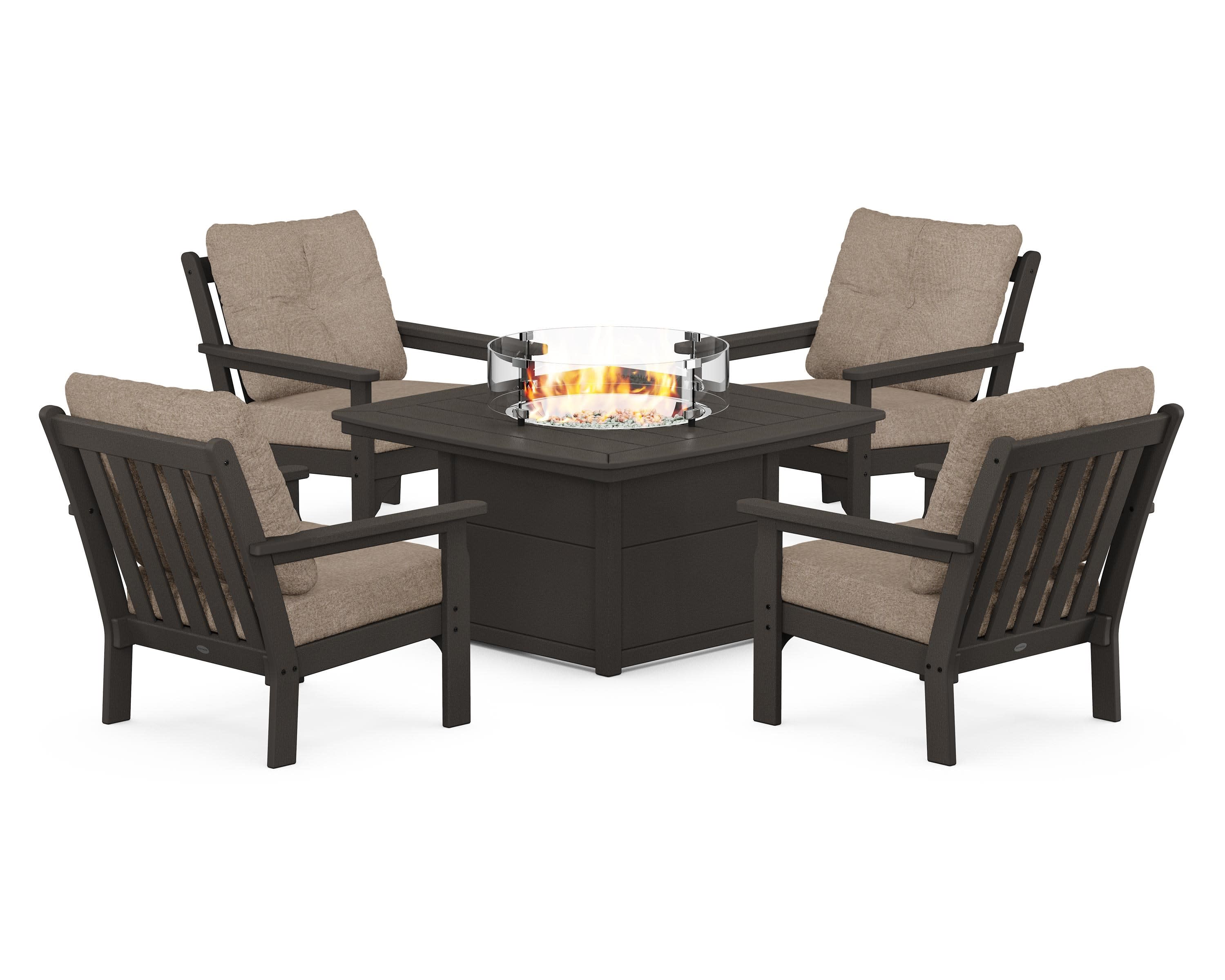 Vineyard 5-Piece Conversation Set with Fire Pit Table in Vintage Coffee / Spiced Burlap