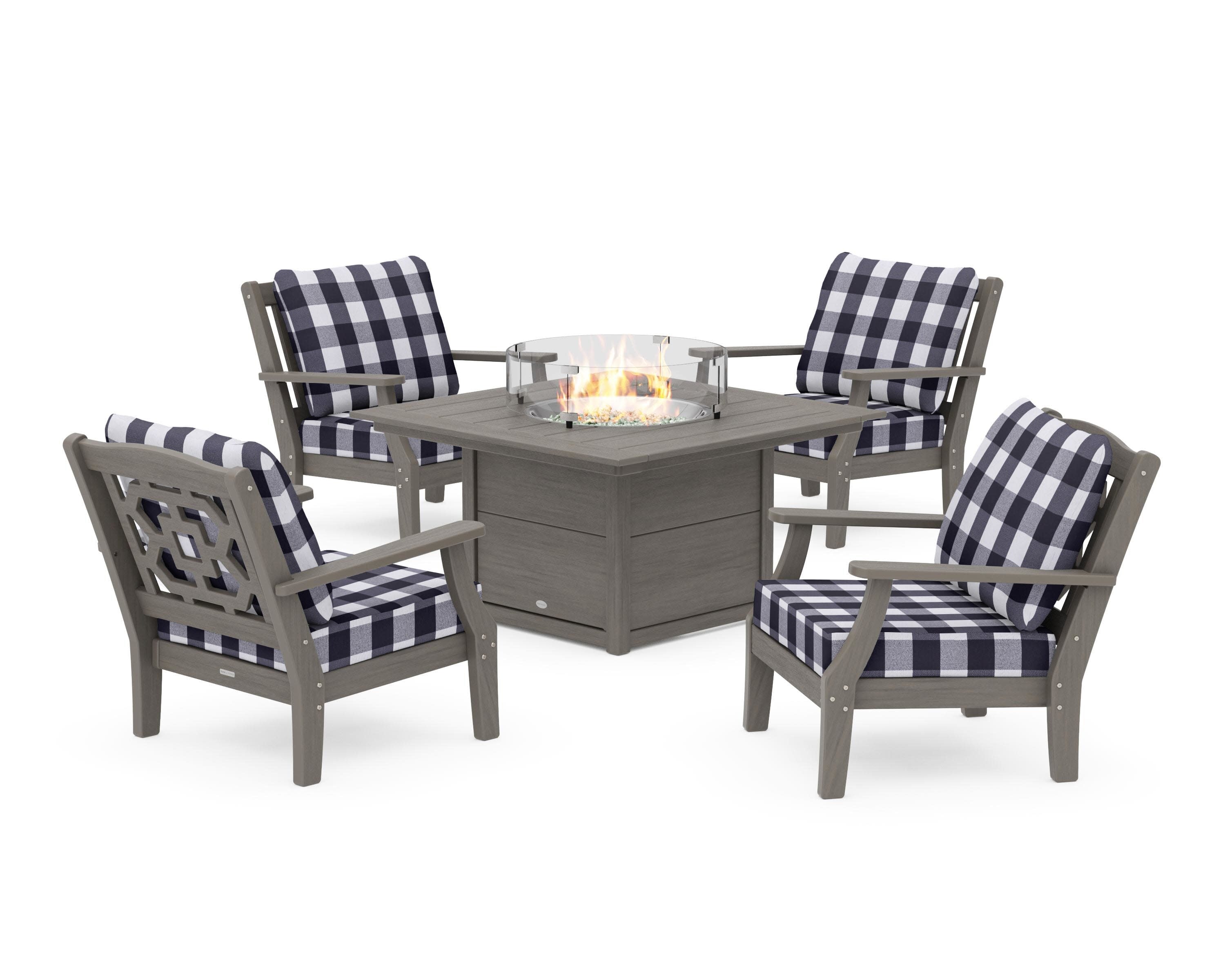 Chinoiserie 5-Piece Deep Seating Set with Fire Pit Table in Driftwood / Buffalo Plaid Navy