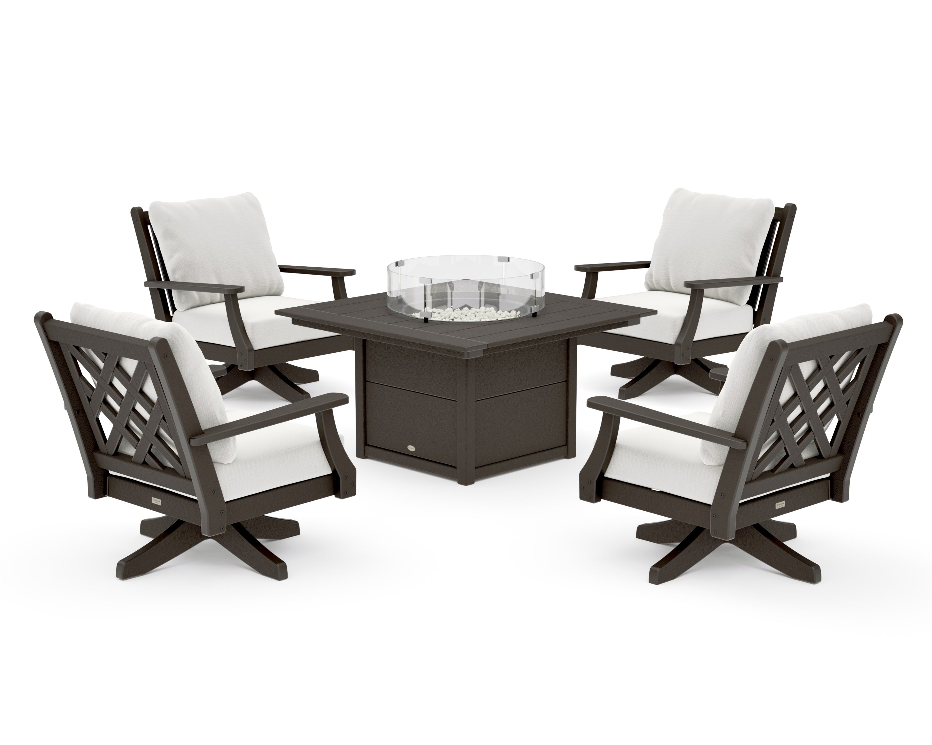 Wovendale 5-Piece Deep Seating Swivel Conversation Set with Fire Pit Table in Vintage Coffee / Natural Linen