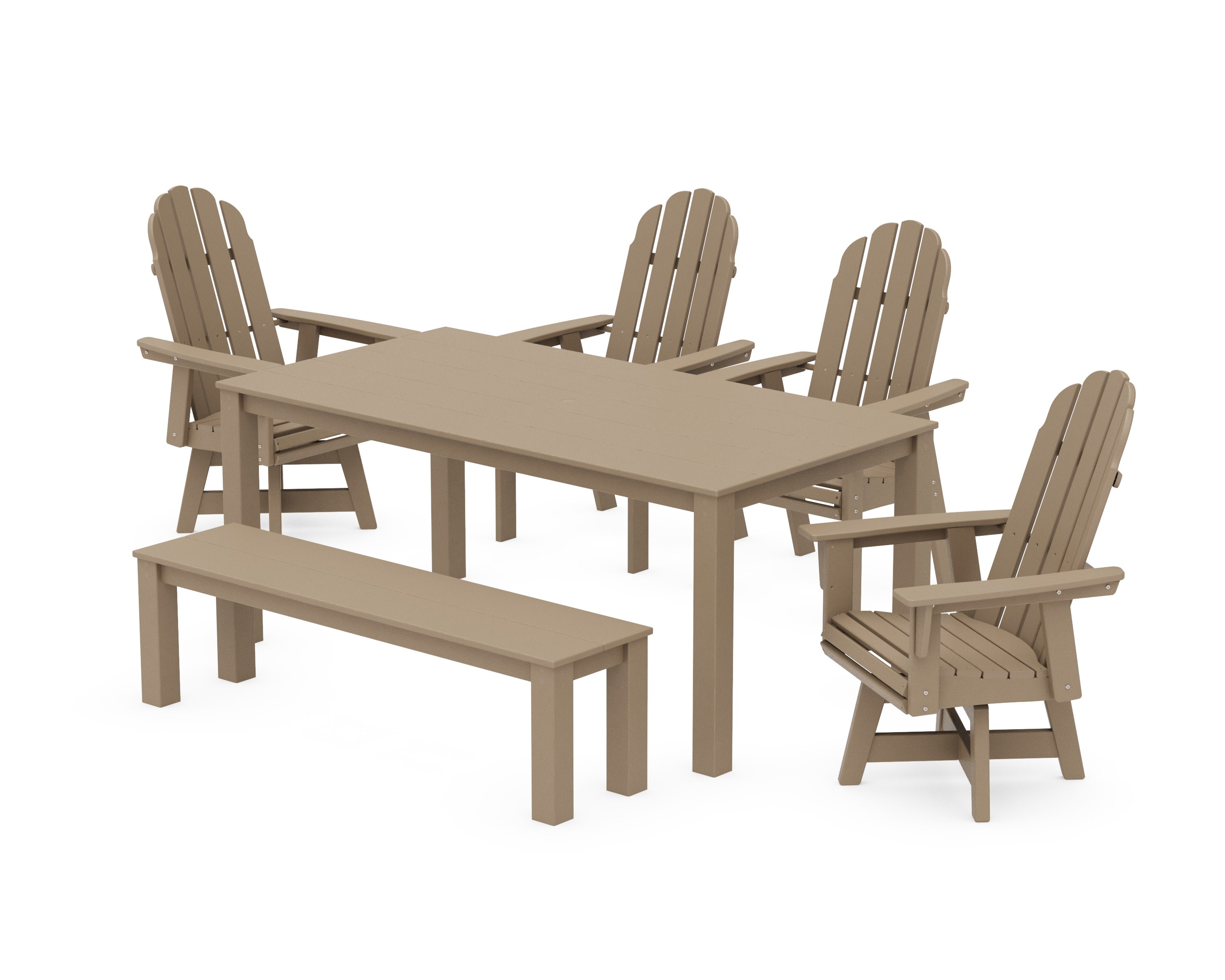 Vineyard Curveback Adirondack 6-Piece Parsons Swivel Dining Set with Bench in Vintage Sahara