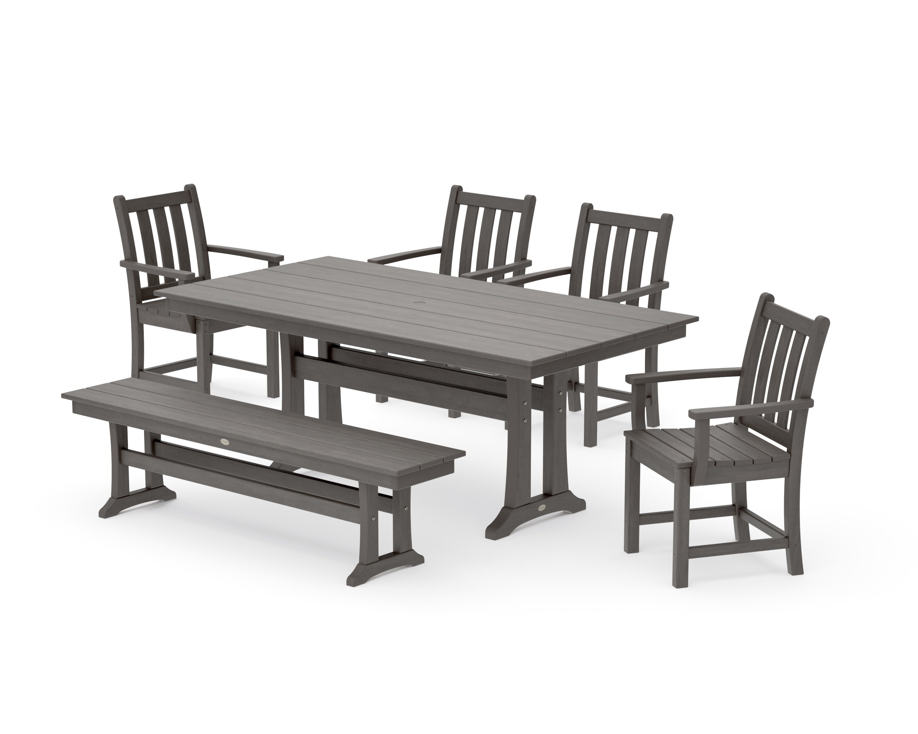 Traditional Garden Arm Chair 6-Piece Farmhouse Dining Set with Trestle Legs and Bench in Driftwood