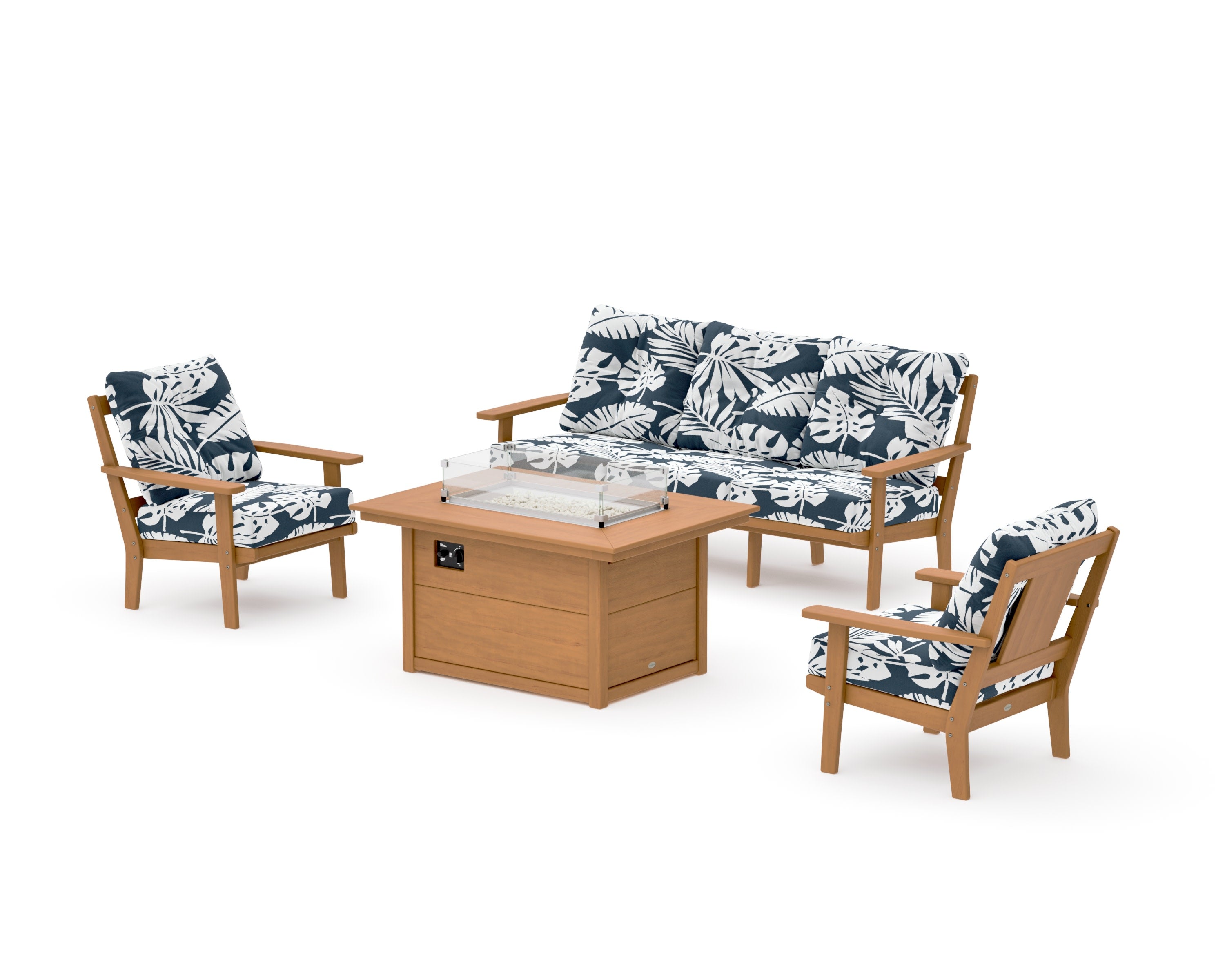Prairie Deep Seating Fire Pit Table Set in Natural / Leaf Marine Indigo