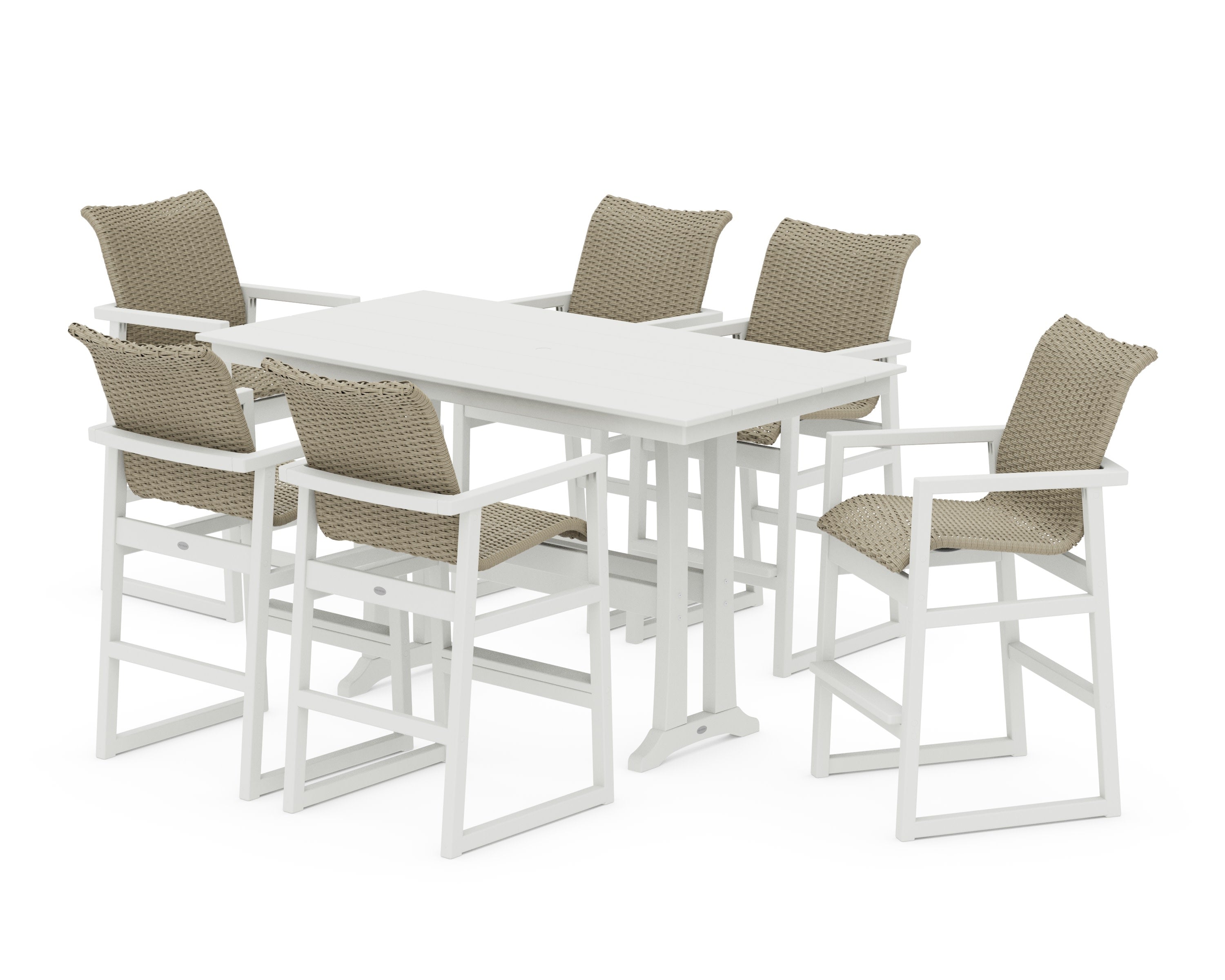 EDGE Woven Arm Chair 7-Piece Farmhouse Bar Set with Trestle Legs in White / Dune Grass