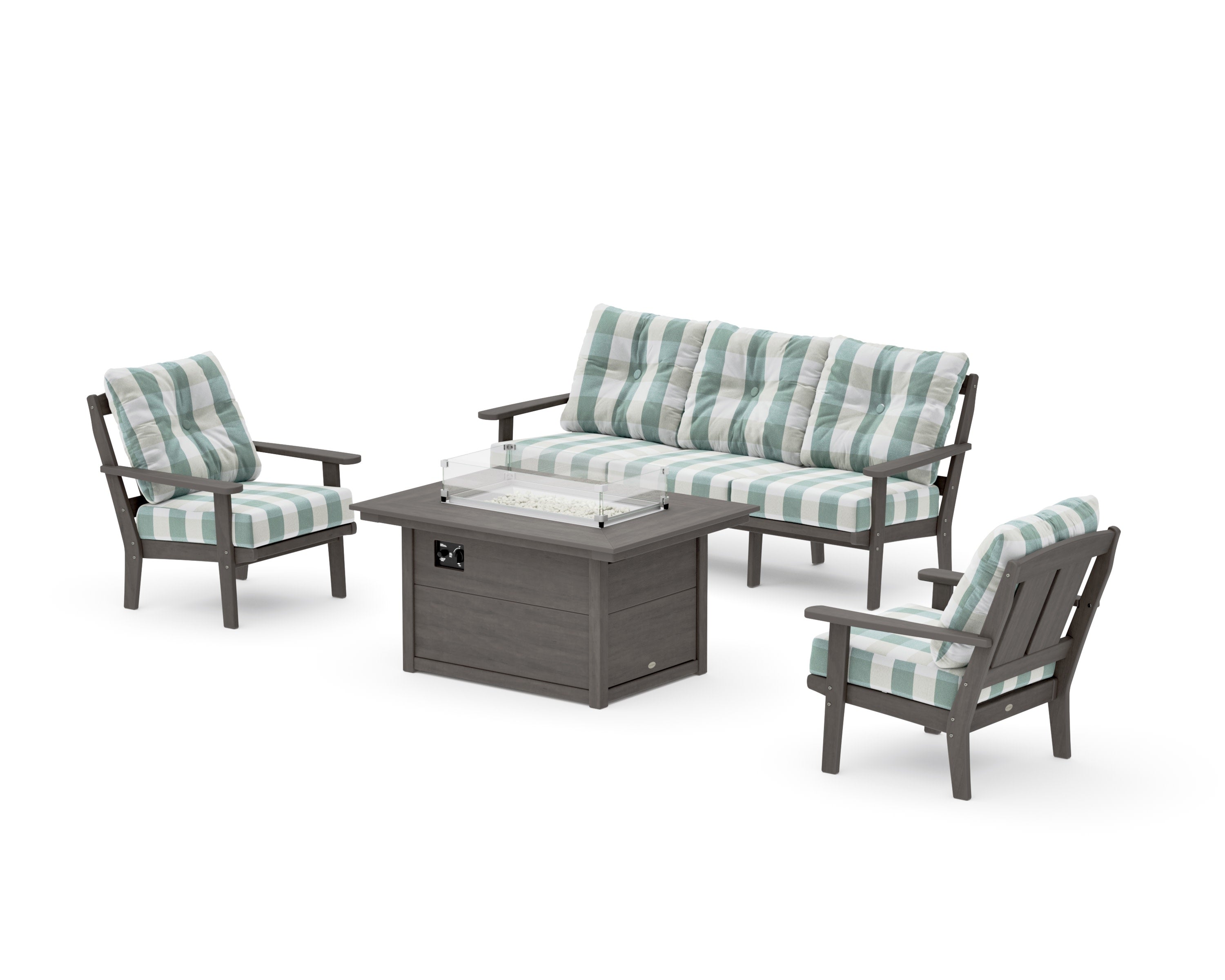 Mission Deep Seating Fire Pit Table Set in Driftwood / Buffalo Plaid Glacier Spa