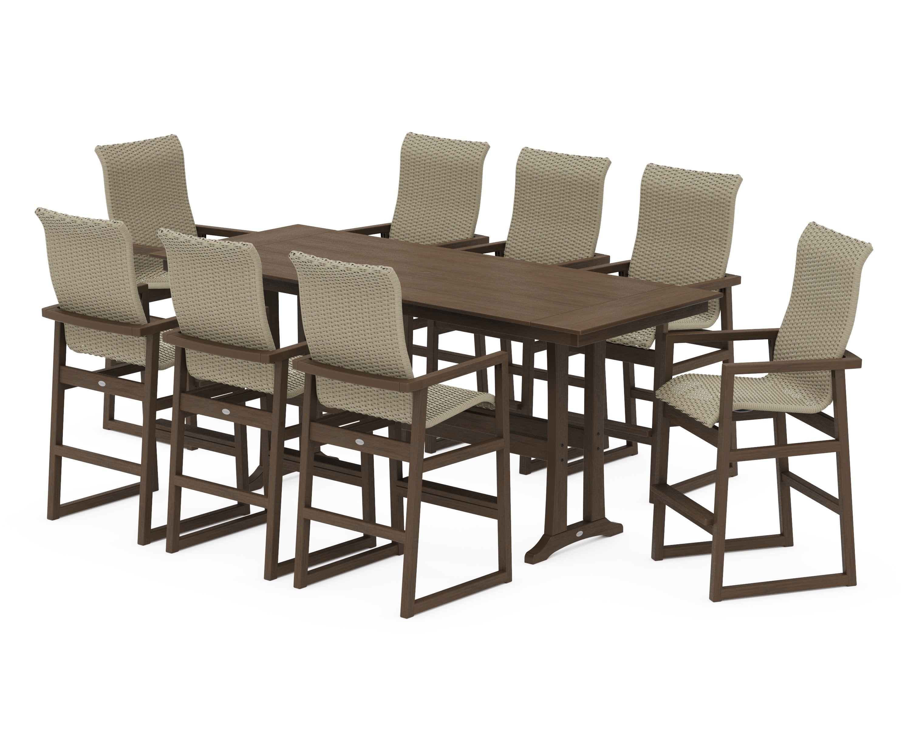 EDGE Woven Highback 9-Piece Farmhouse Bar Set with Trestle Legs in Kona / Dune Grass
