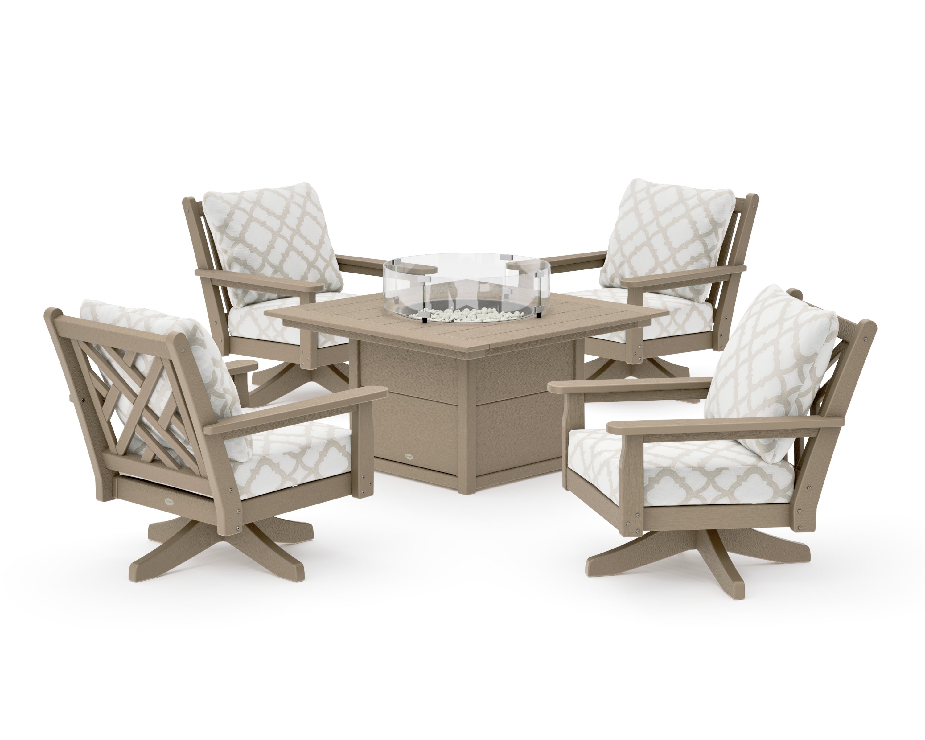 Chippendale 5-Piece Deep Seating Swivel Conversation Set with Fire Pit Table in Vintage Sahara / Trellis Dune Burlap