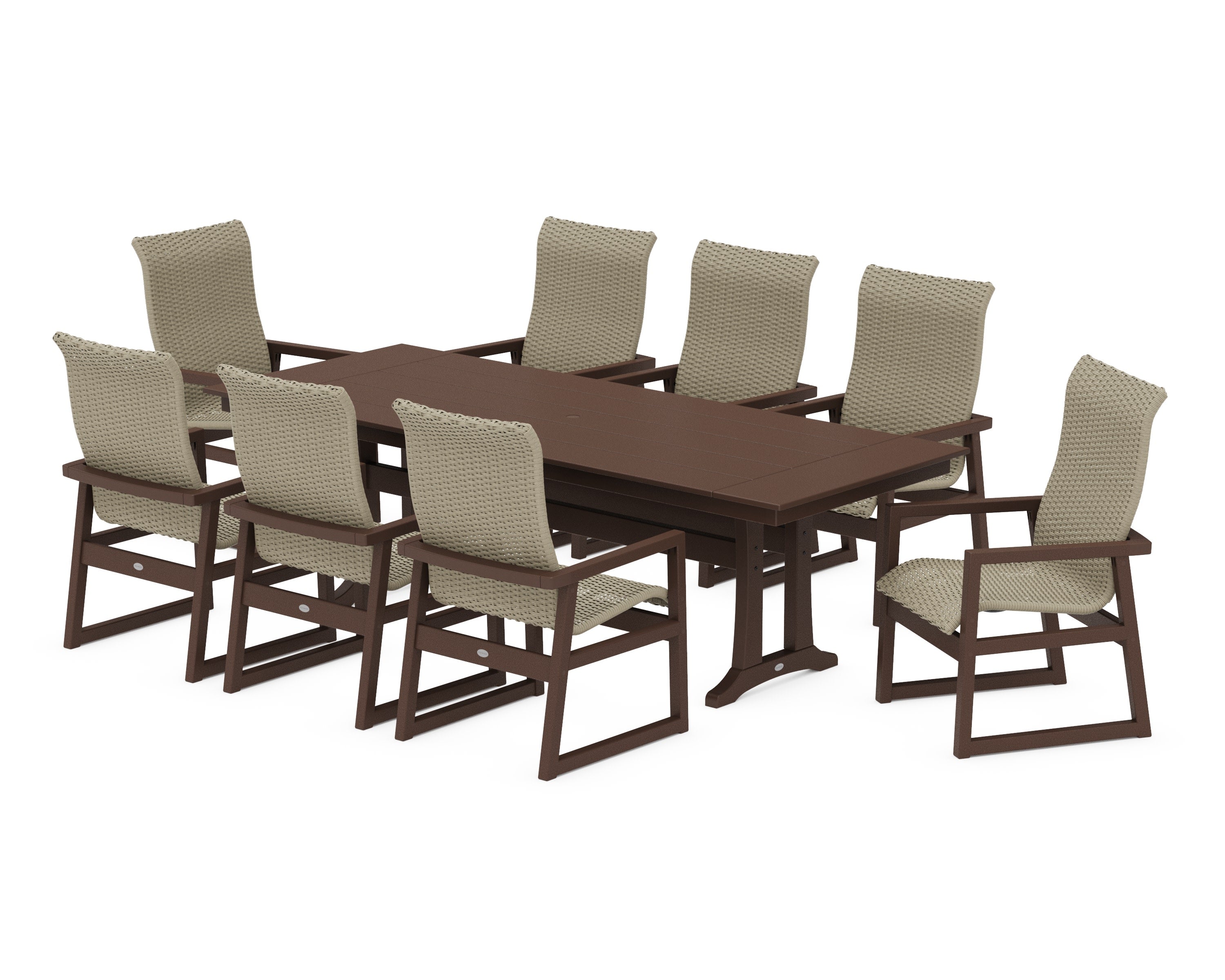 EDGE Woven Highback 9-Piece Farmhouse Dining Set with Trestle Legs in Mahogany / Dune Grass