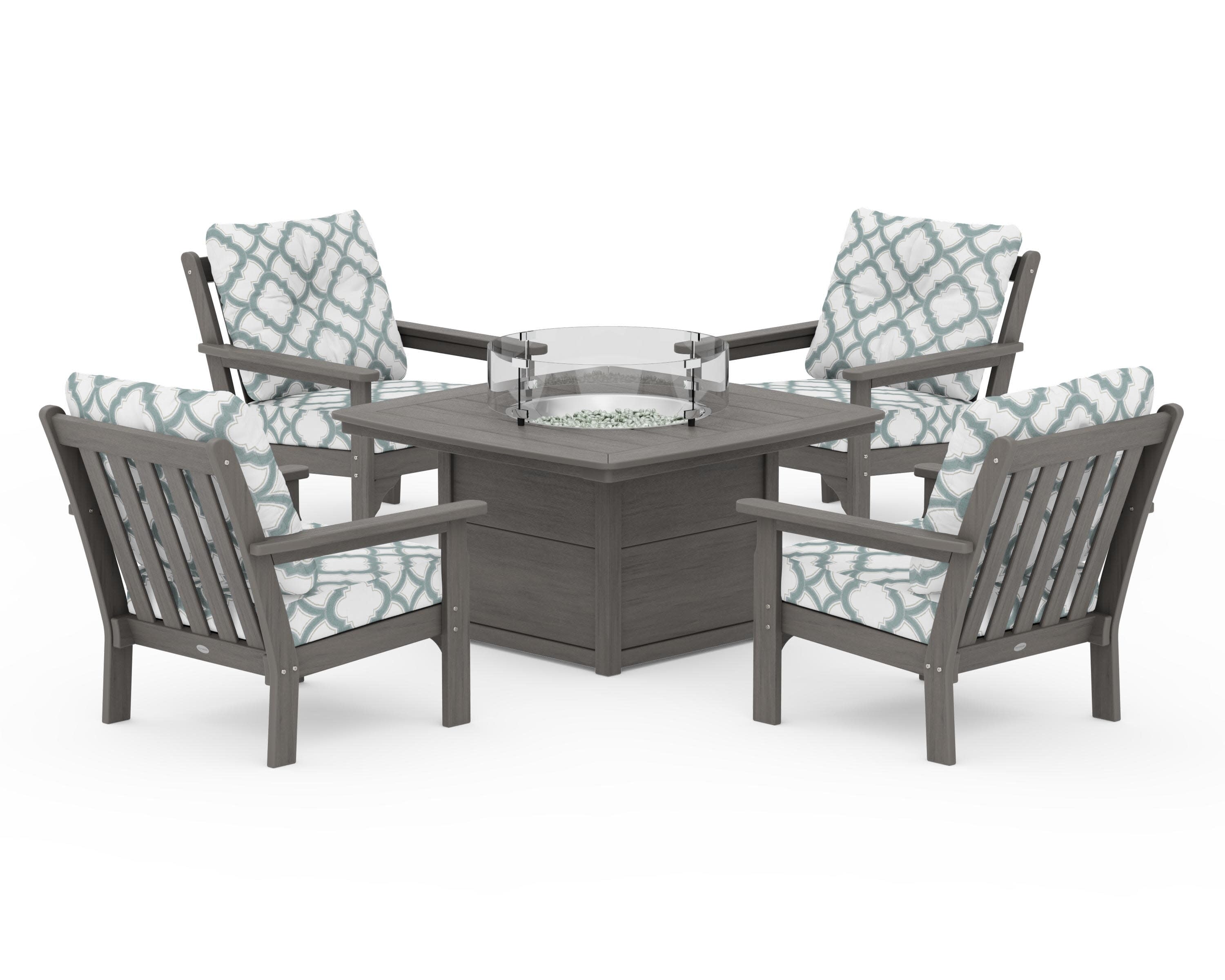 Vineyard 5-Piece Conversation Set with Fire Pit Table in Driftwood / Trellis Glacier Spa