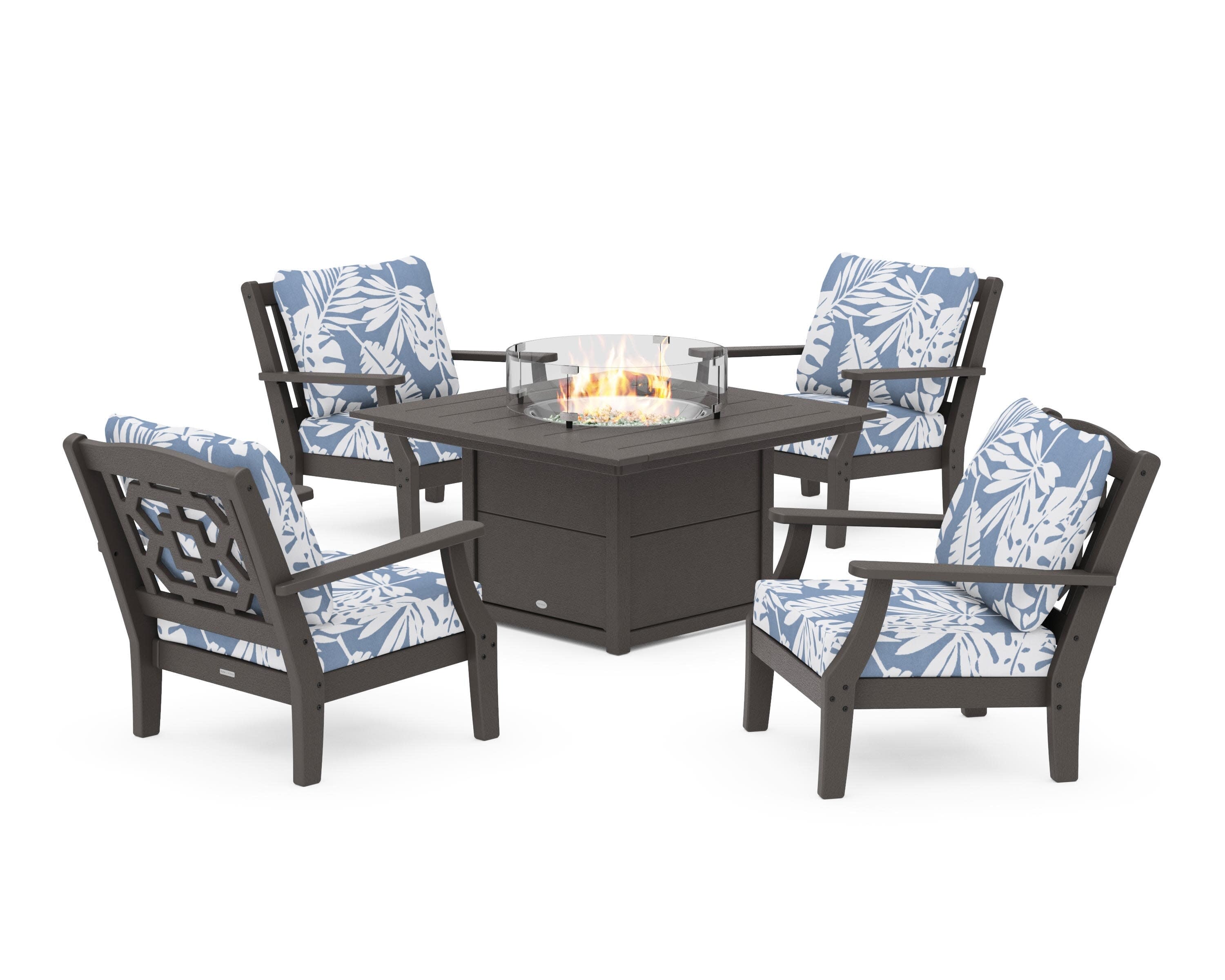 Chinoiserie 5-Piece Deep Seating Set with Fire Pit Table in Vintage Coffee / Leaf Sky Blue