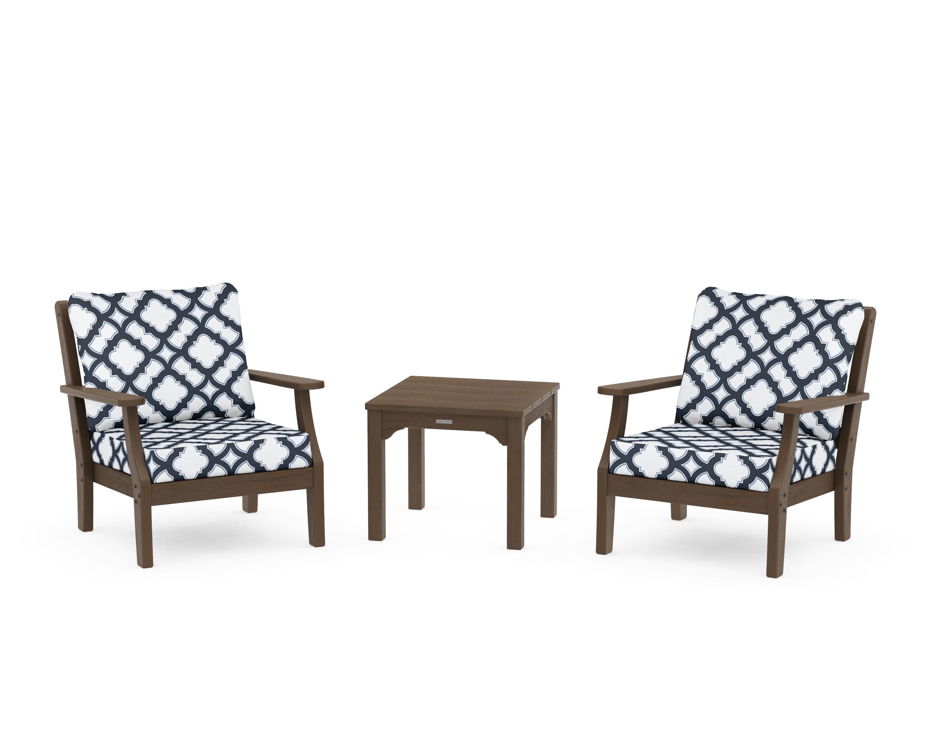 Chinoiserie 3-Piece Deep Seating Set in Kona / Trellis Marine Indigo