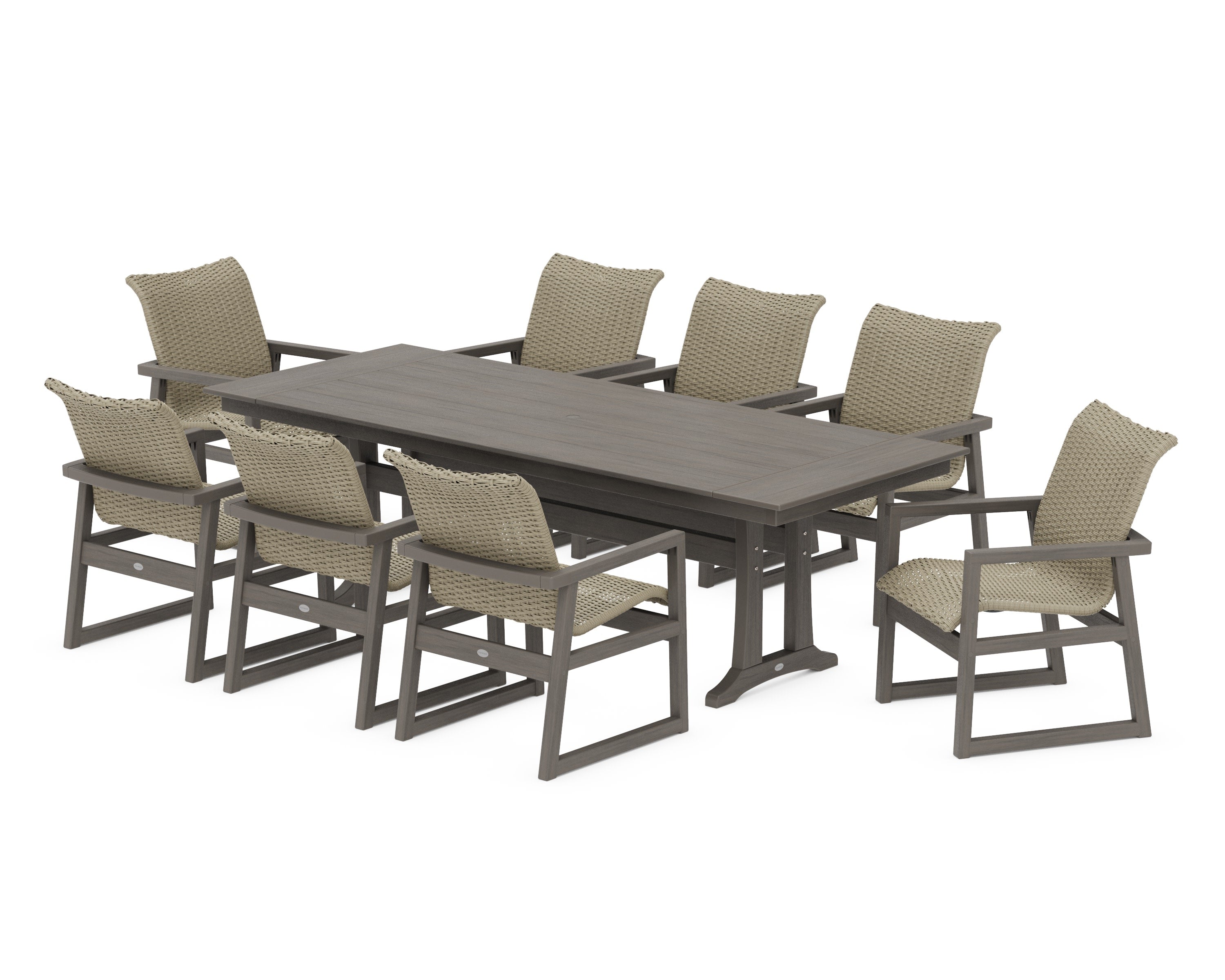 EDGE Woven 9-Piece Farmhouse Dining Set with Trestle Legs in Driftwood / Dune Grass
