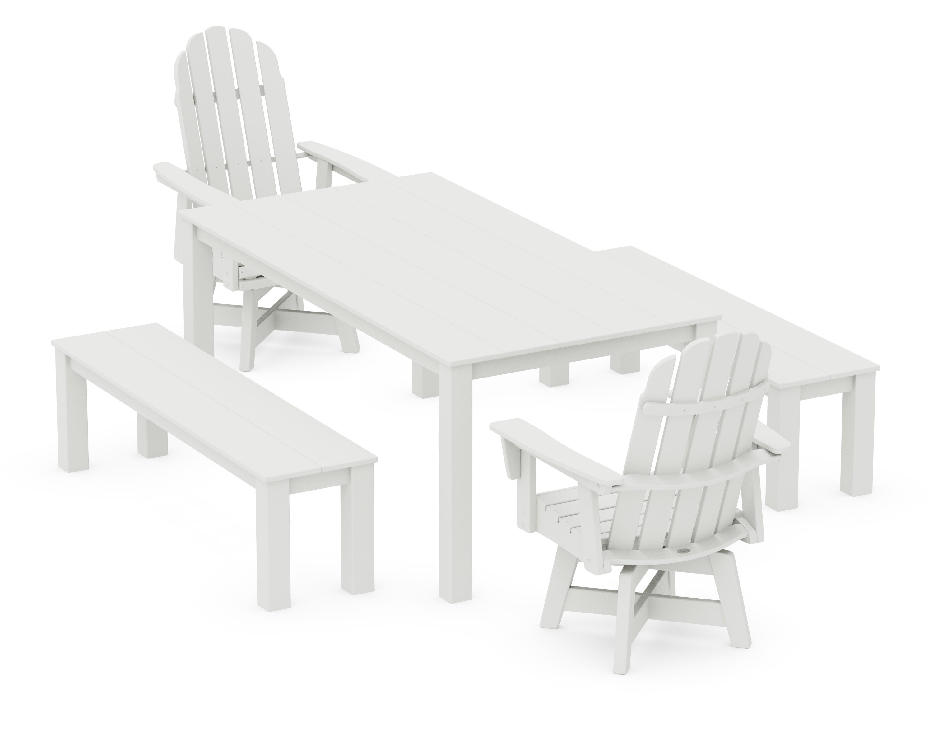 Vineyard Curveback Adirondack 5-Piece Parsons Swivel Dining Set with Benches in Vintage White