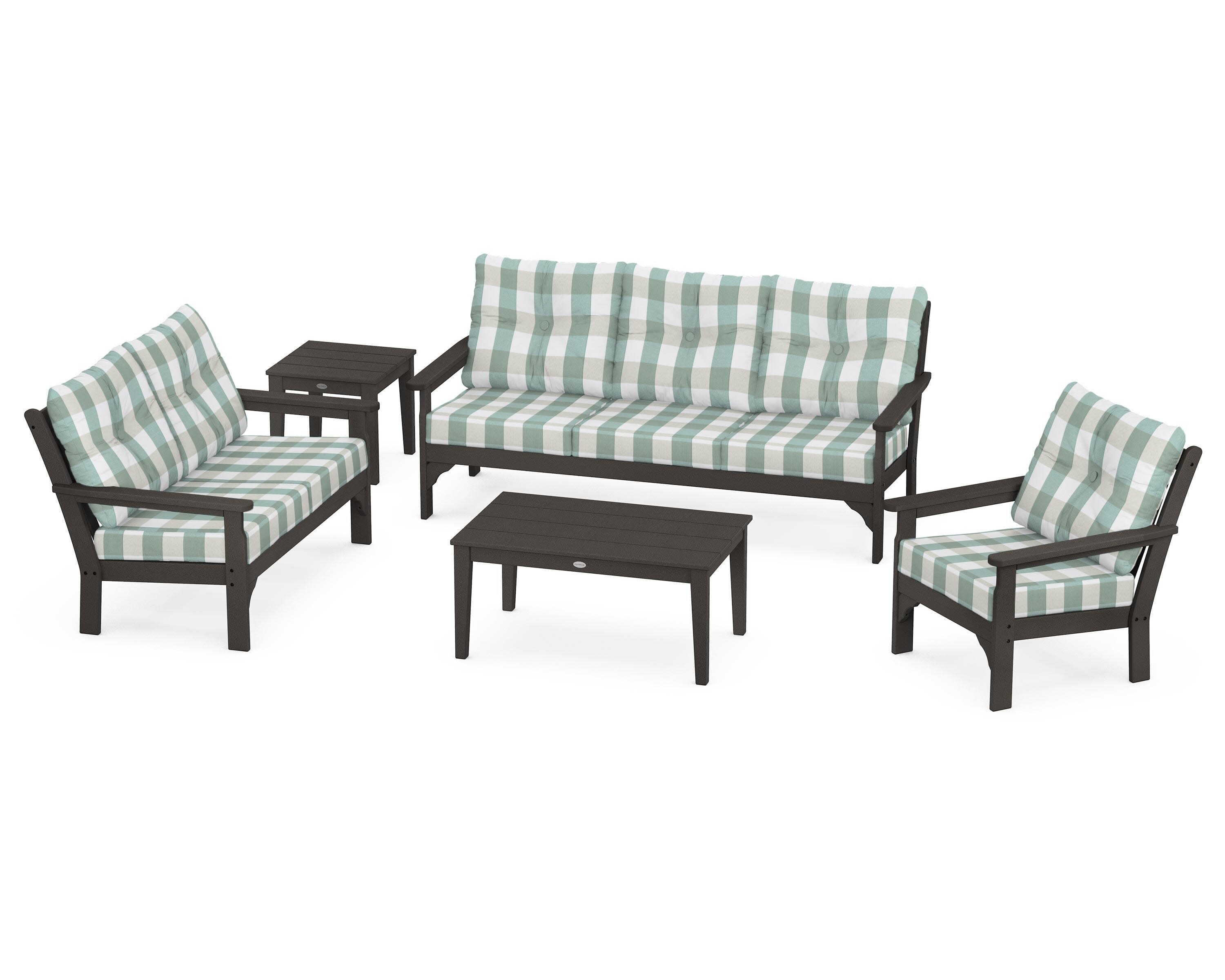 Vineyard 5 Piece Deep Seating Set in Vintage Coffee / Buffalo Plaid Glacier Spa