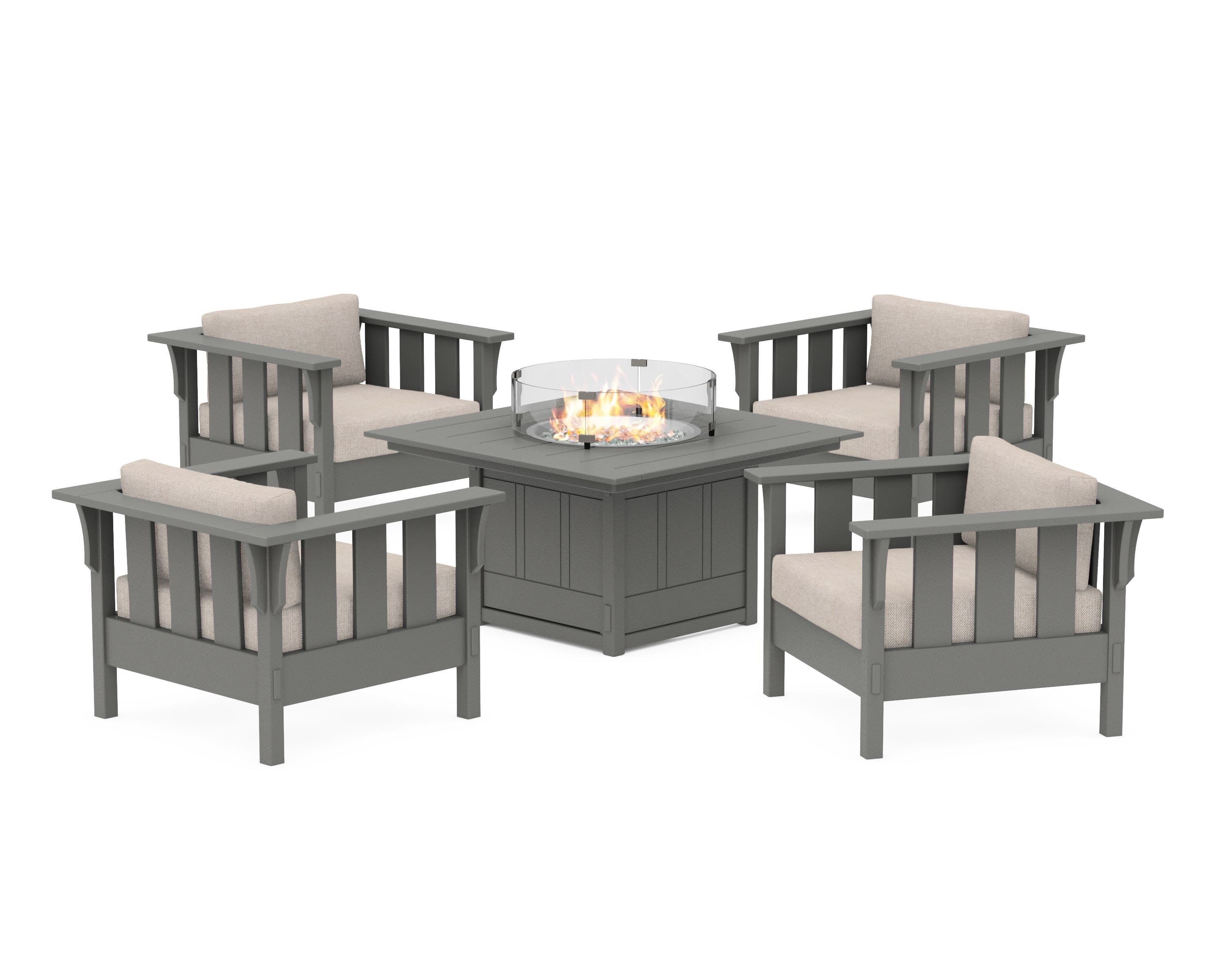 Acadia 5-Piece Deep Seating Set with Fire Pit Table in Slate Grey / Blend Linen