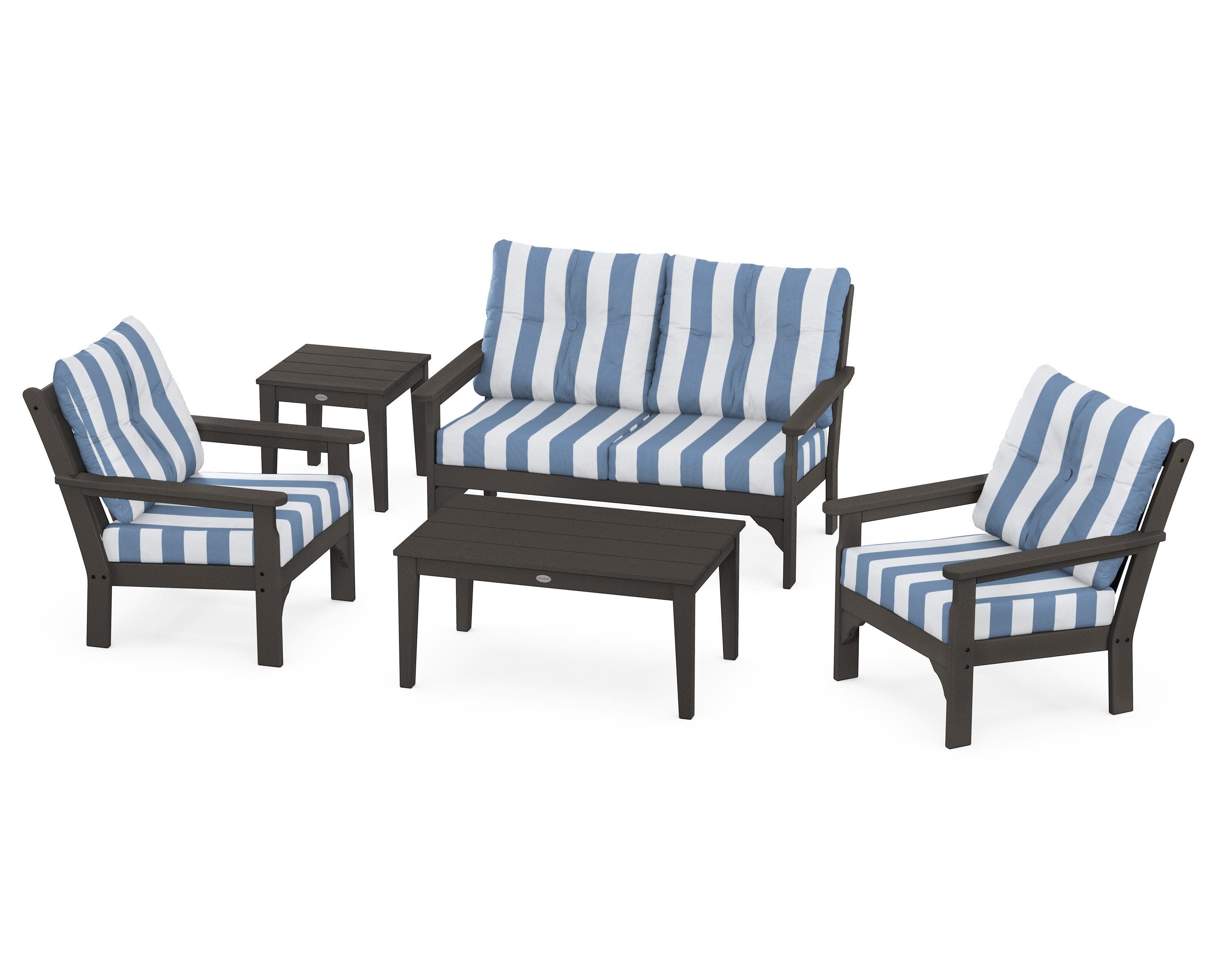 Vineyard 5-Piece Deep Seating Set in Vintage Coffee / Cabana Stripe Sky Blue