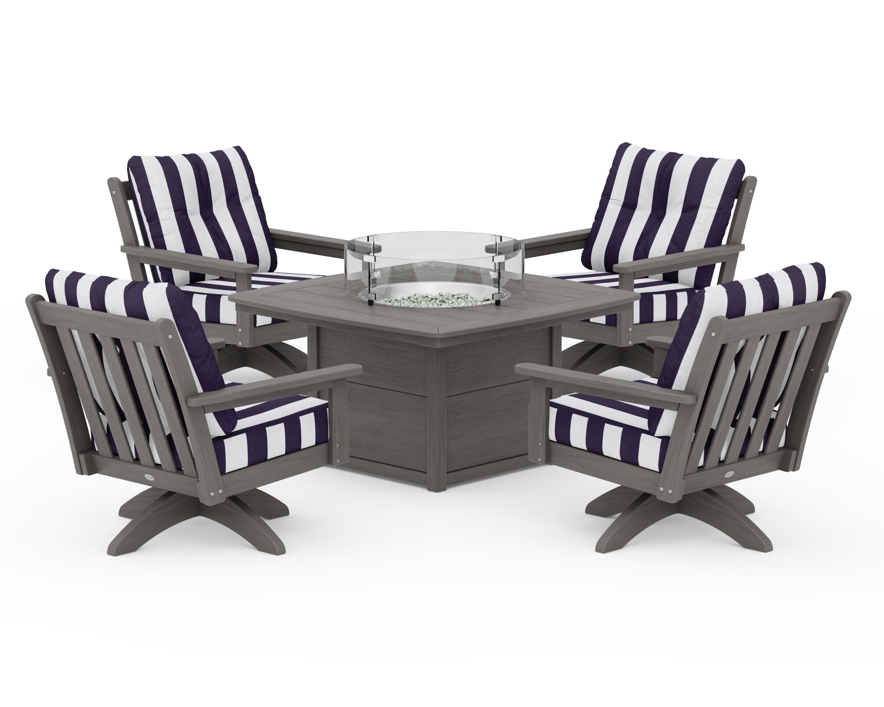 Vineyard 5-Piece Deep Seating Swivel Conversation Set with Fire Pit Table in Driftwood / Cabana Stripe Navy