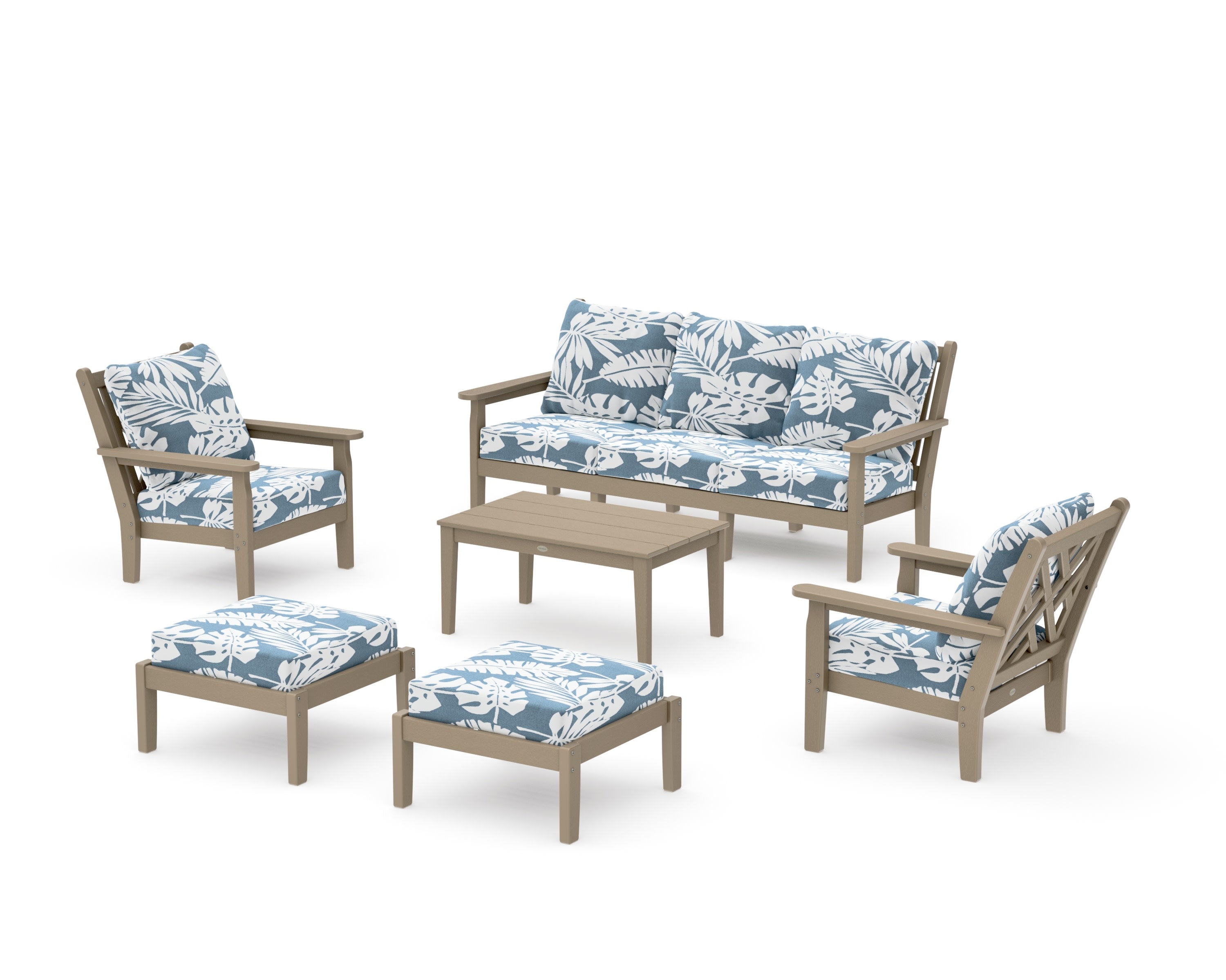 Chippendale 6-Piece Lounge Sofa Set in Vintage Sahara / Leaf Sky Blue
