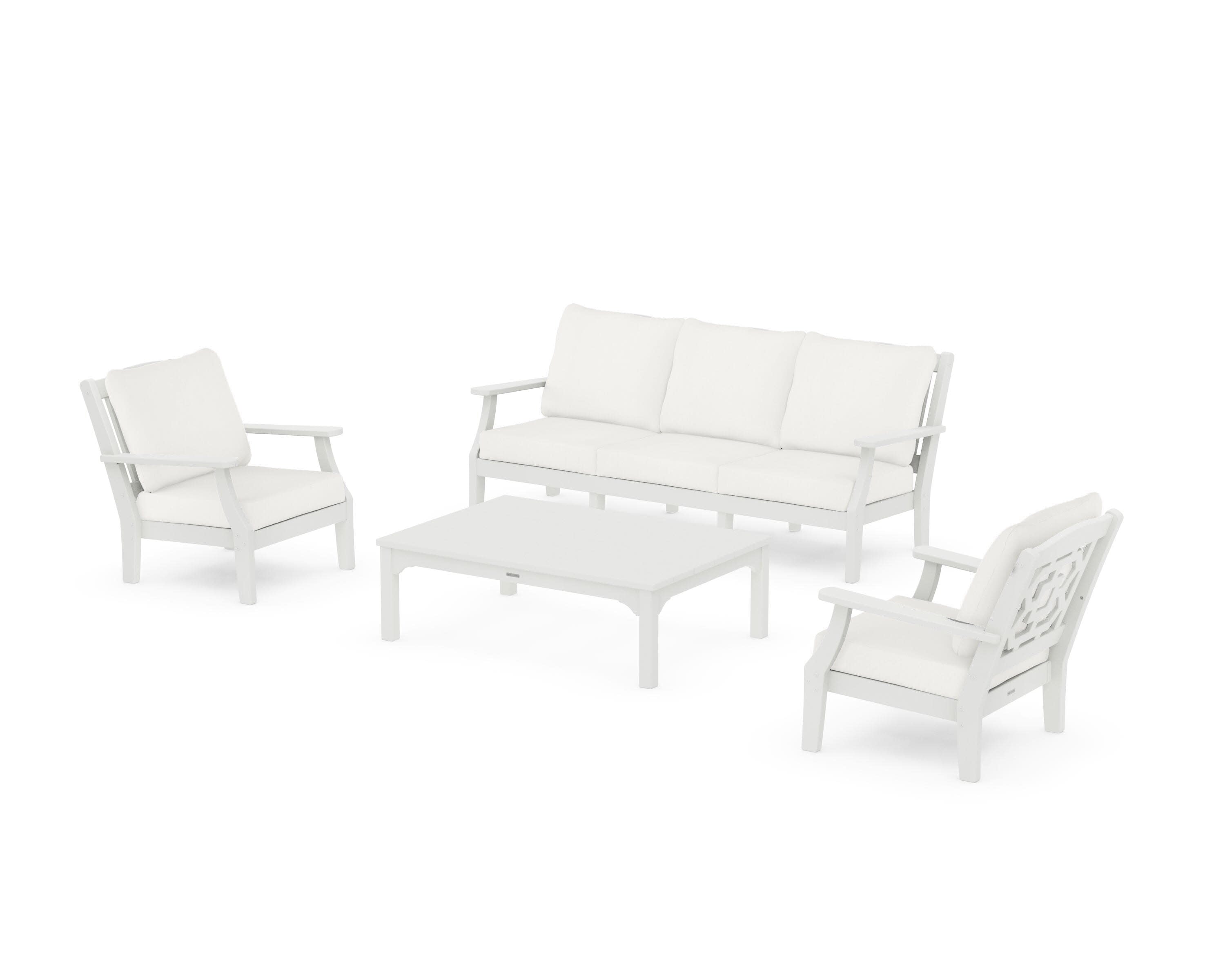 Chinoiserie 4-Piece Deep Seating Set with Sofa in Vintage White / Natural Linen