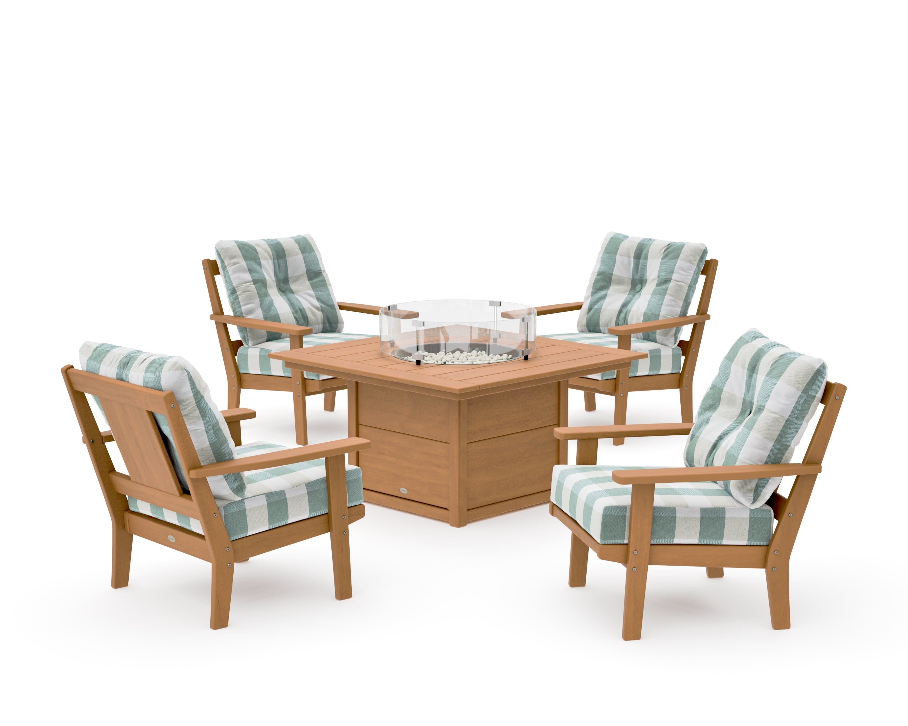 Prairie 5-Piece Deep Seating Set with Fire Pit Table in Natural / Buffalo Plaid Glacier Spa