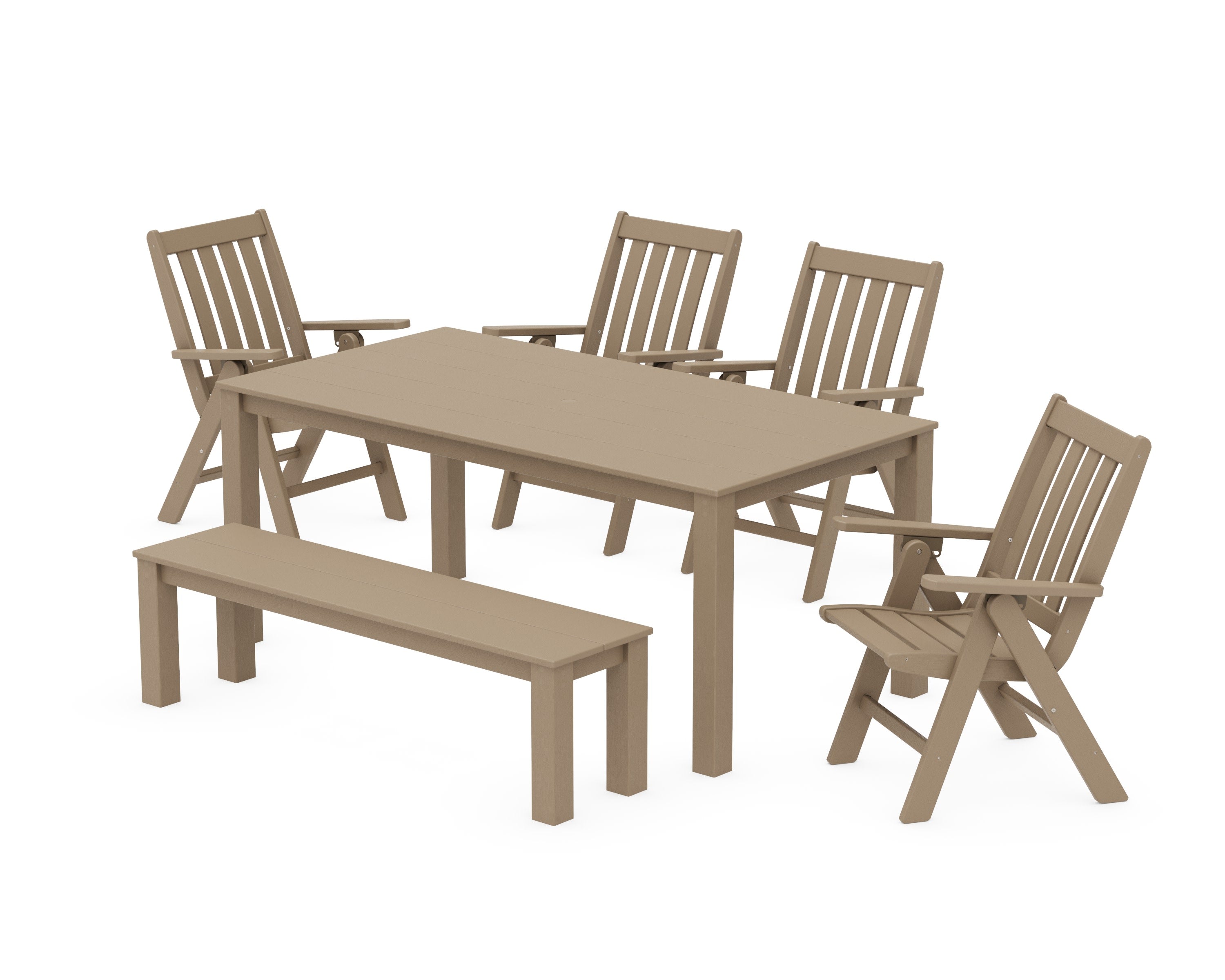 Vineyard Folding Chair 6-Piece Parsons Dining Set with Bench in Vintage Sahara